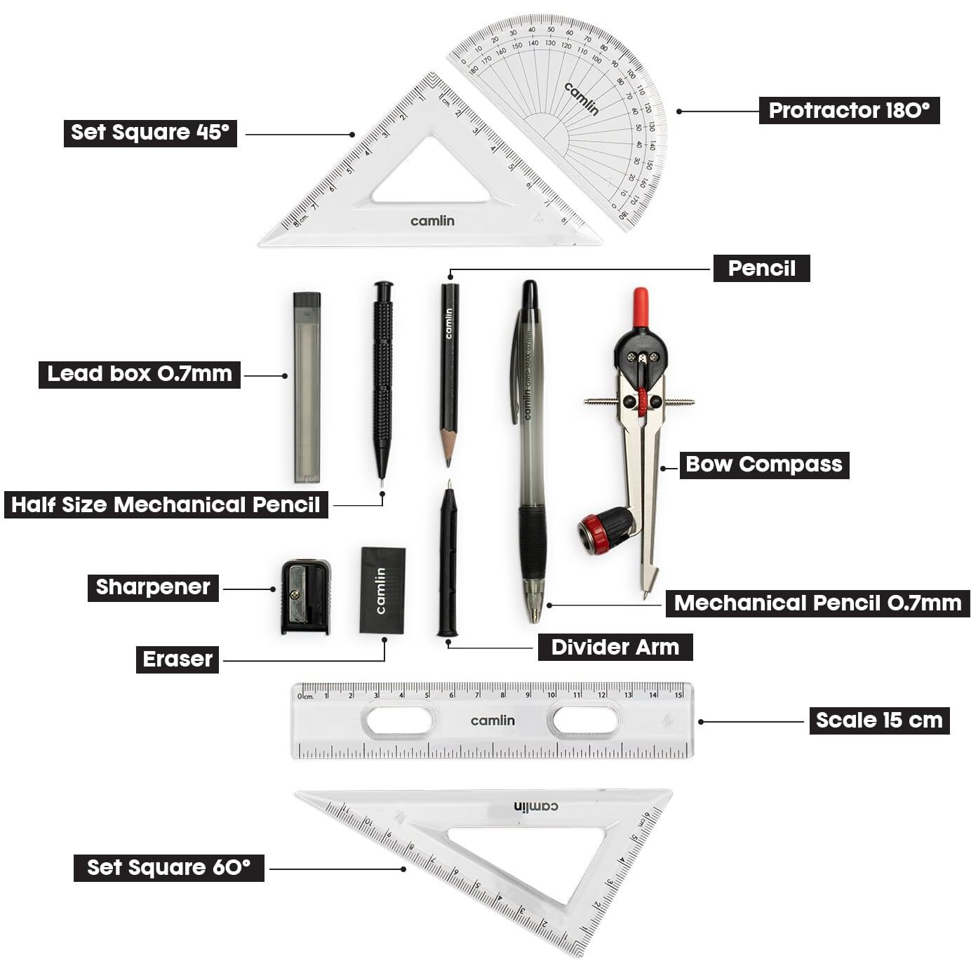 Camlin Scholar Pro Geometry Box - 12-Piece Set | Premium Geometry Box Kit for School kids | Ideal for Learning and Precision | Pack of 1