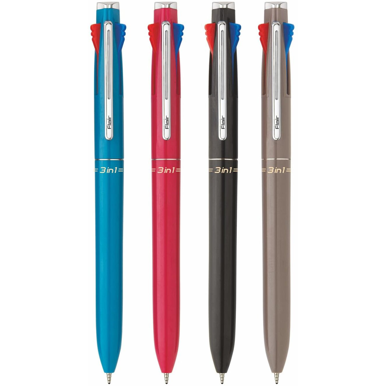 Flair 3 in 1 Retractable Ball Pen | 3 Ink Colors in One Pen | Multi Use Pen for Pleasant Writing Experience | Effortless Writing with Sleek Clip Design | Blue, Black & Red Ink, Pack of 4