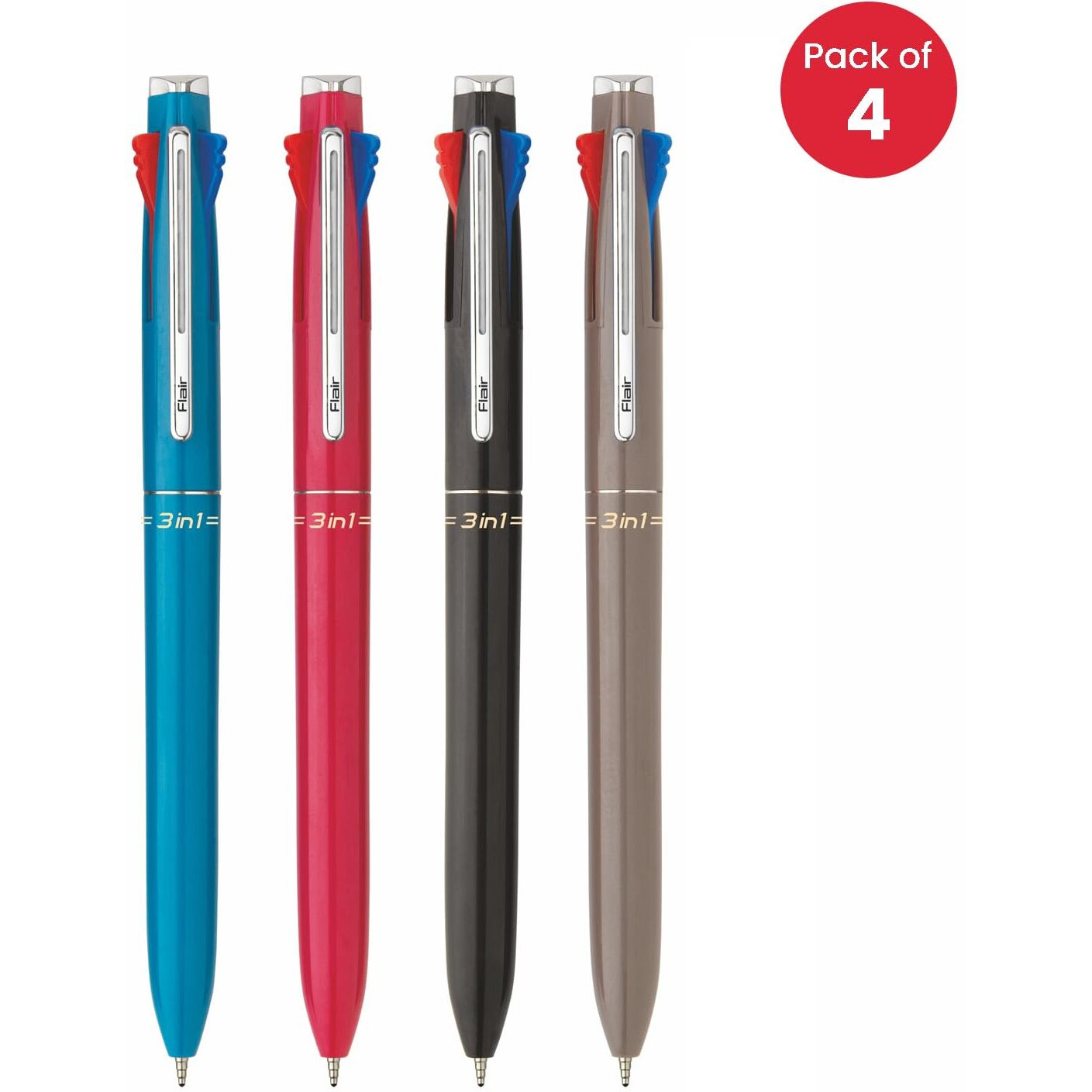 Flair 3 in 1 Retractable Ball Pen | 3 Ink Colors in One Pen | Multi Use Pen for Pleasant Writing Experience | Effortless Writing with Sleek Clip Design | Blue, Black & Red Ink, Pack of 4