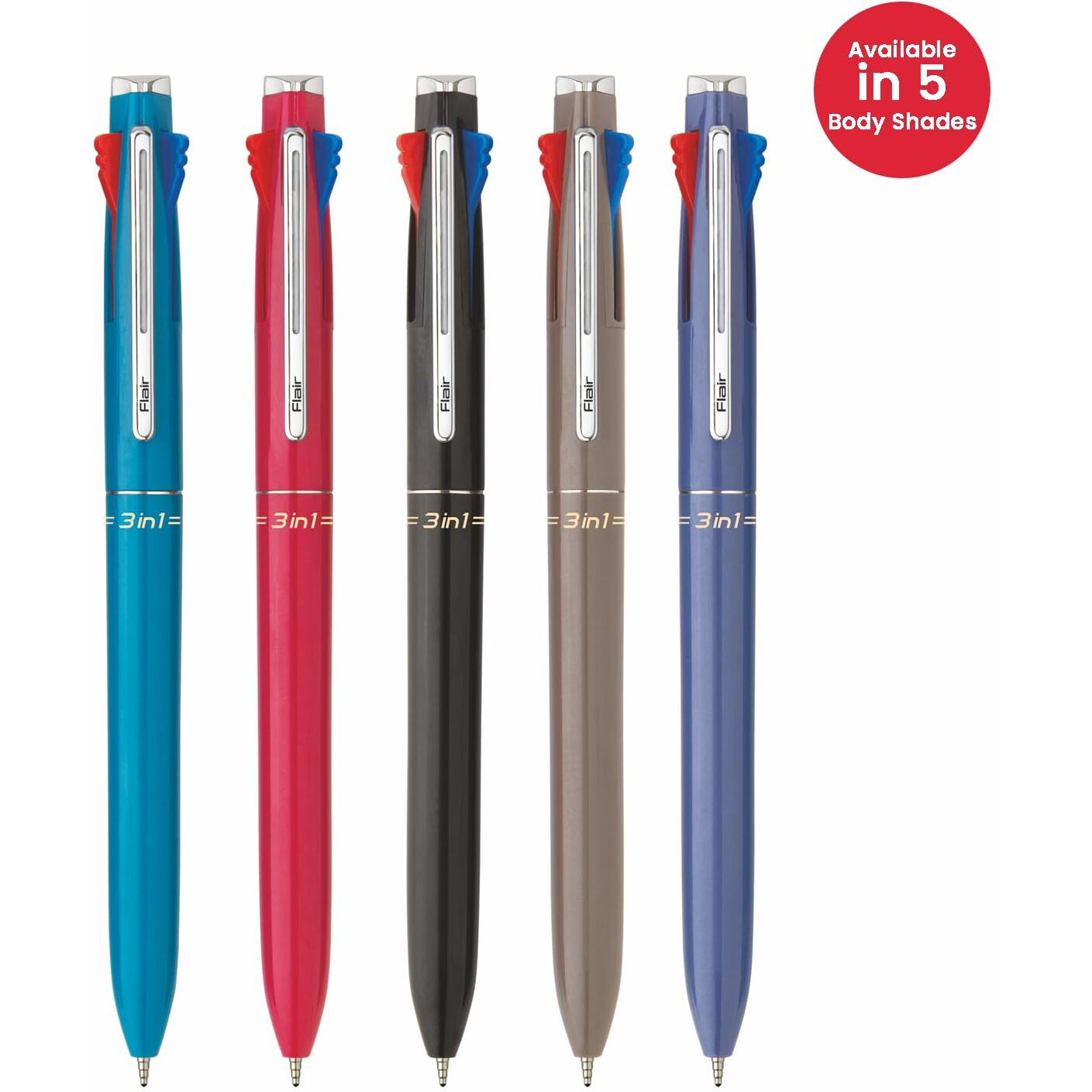 Flair 3 in 1 Retractable Ball Pen | 3 Ink Colors in One Pen | Multi Use Pen for Pleasant Writing Experience | Effortless Writing with Sleek Clip Design | Blue, Black & Red Ink, Pack of 4