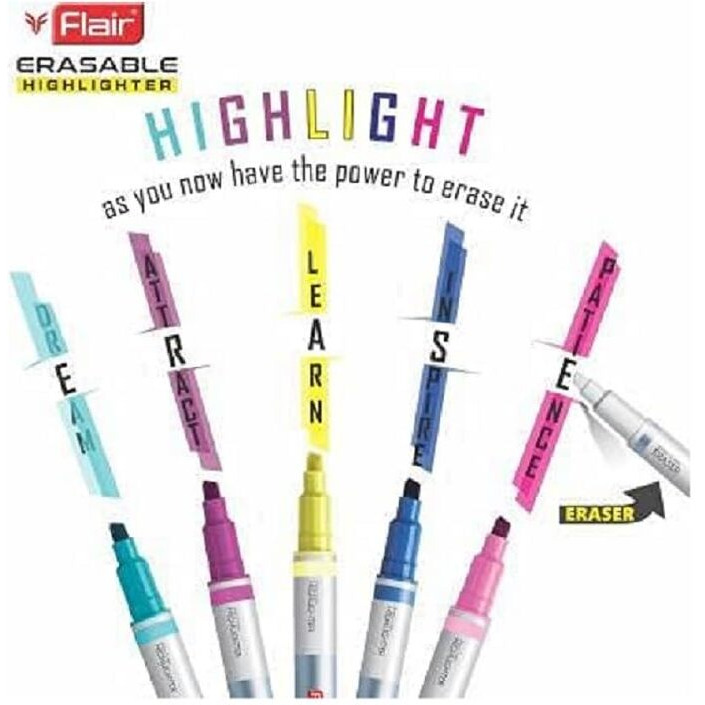 FLAIR Creative Series Erasable Chisel Point 1 to 4 mm Highlighter Blister Pack | Easily Erase What You Highlight | Non Toxic & Safe of Childrens | Set of 5 Different Shades