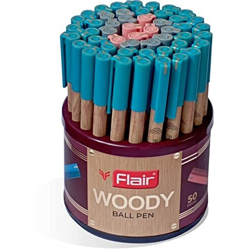 FLAIR Woody 0.7mm Ball Pen Stand | Attractive Woody Design | Smooth Ink Flow System With Low-Viscosity Ink | Smudge Free Writing | Blue, Black & Red Ink, Pack of 50 Pens