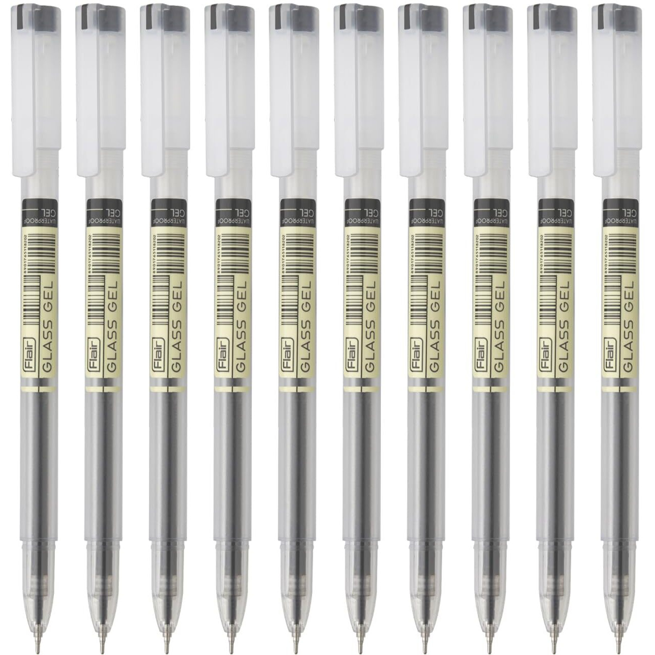 FLAIR Glass 0.6mm Gel Pen | Water Proof Ink For Smooth Flow System | Low-Viscosity Ink For Smudge Free Writing | Quick Dry Ink | Transparent Body With Fine Tip | Black ink, Pack of 10
