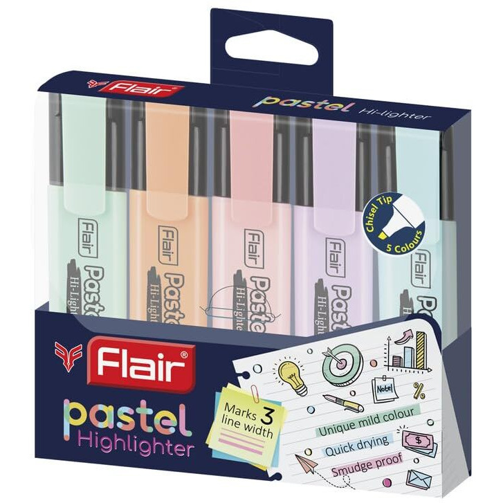 FLAIR Pastel 5 Shades Hi-lighter Pouch Pack | Flexible Line Width | Quick Drying & Smudge Proof Pastel Ink | Non-Toxic Ink, Safe For Childrens | 5 Smoothing Colors, Pack of 1