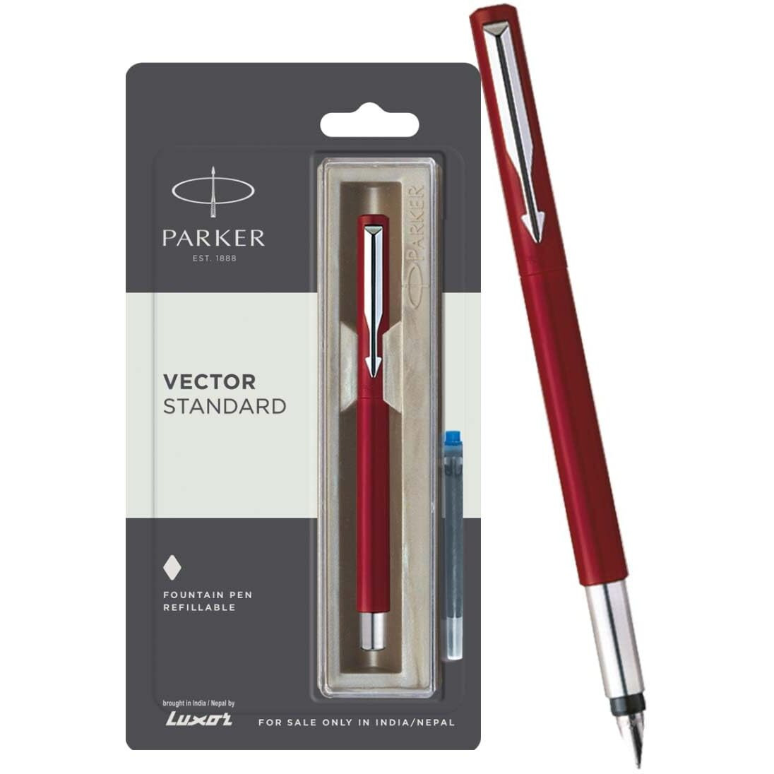 Parker Vector Standard Fountain Pen (Fine Tip) | Red Body Color With 1 Ink Cartridge | Gifts For Employees | Leading Pen For Corporate
