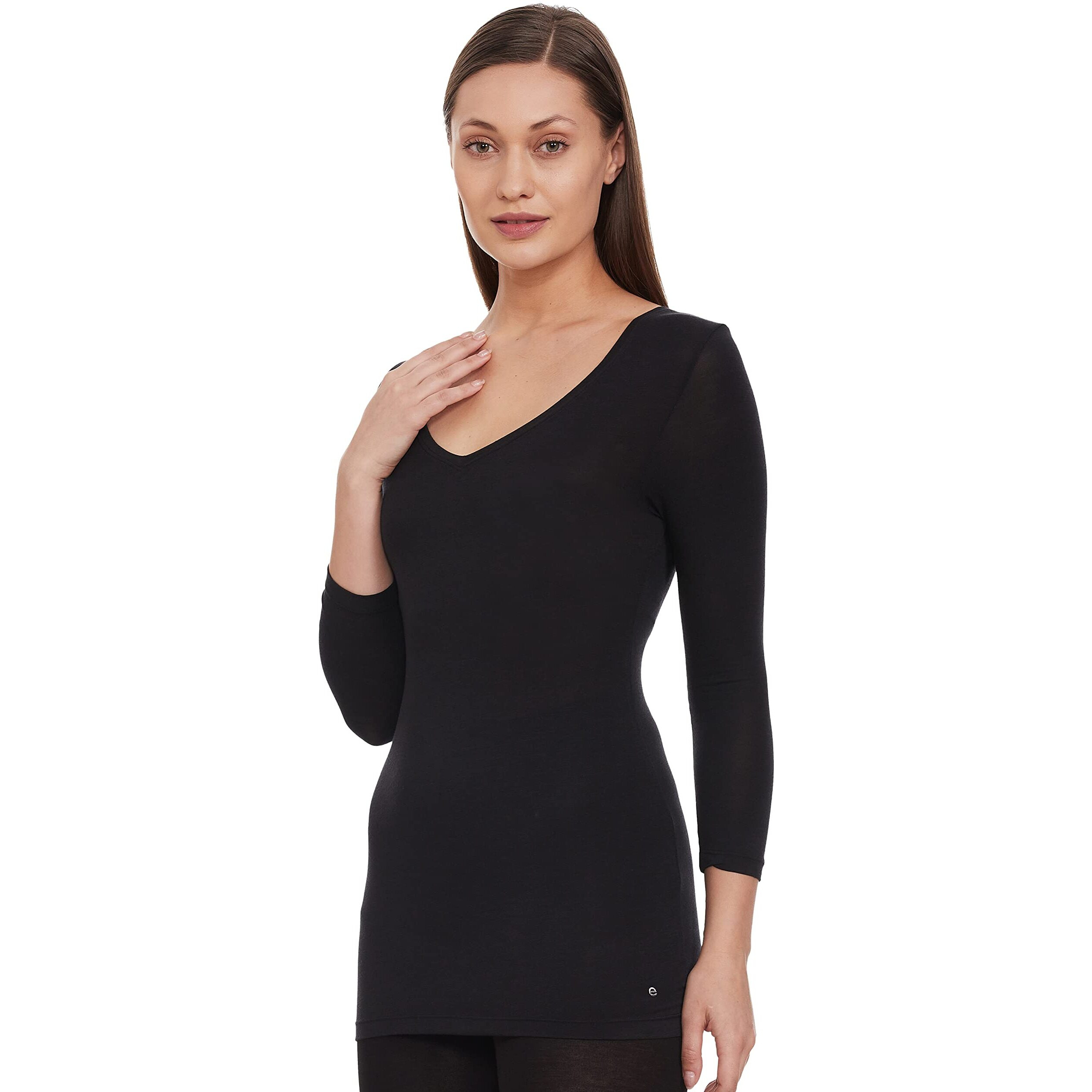 Enamor Women's V-Neck 3/4Th Sleeve Thermal Top with Sweat Wicking and Antimicrobial Finish Slim (TH02_Black_M)