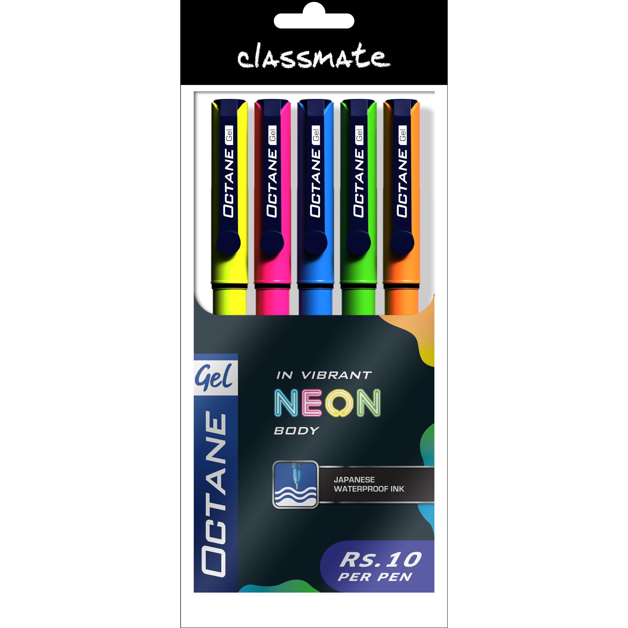 Classmate Octane Neon- Blue Gel Pens (Pack of 5)|Smooth Writing Pens|Water-Proof Ink for Smudge-Free writing|Attractive Neon Body Colours|Preferred by Students for Exam & Class Notes