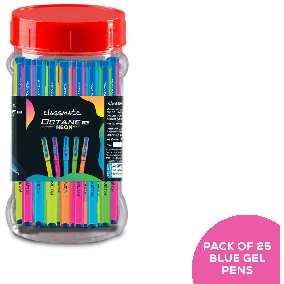 Classmate Octane Neon- Blue Gel Pens (Pack of 5)|Smooth Writing Pens|Water-Proof Ink for Smudge-Free writing|Attractive Neon Body Colours|Preferred by Students for Exam & Class Notes