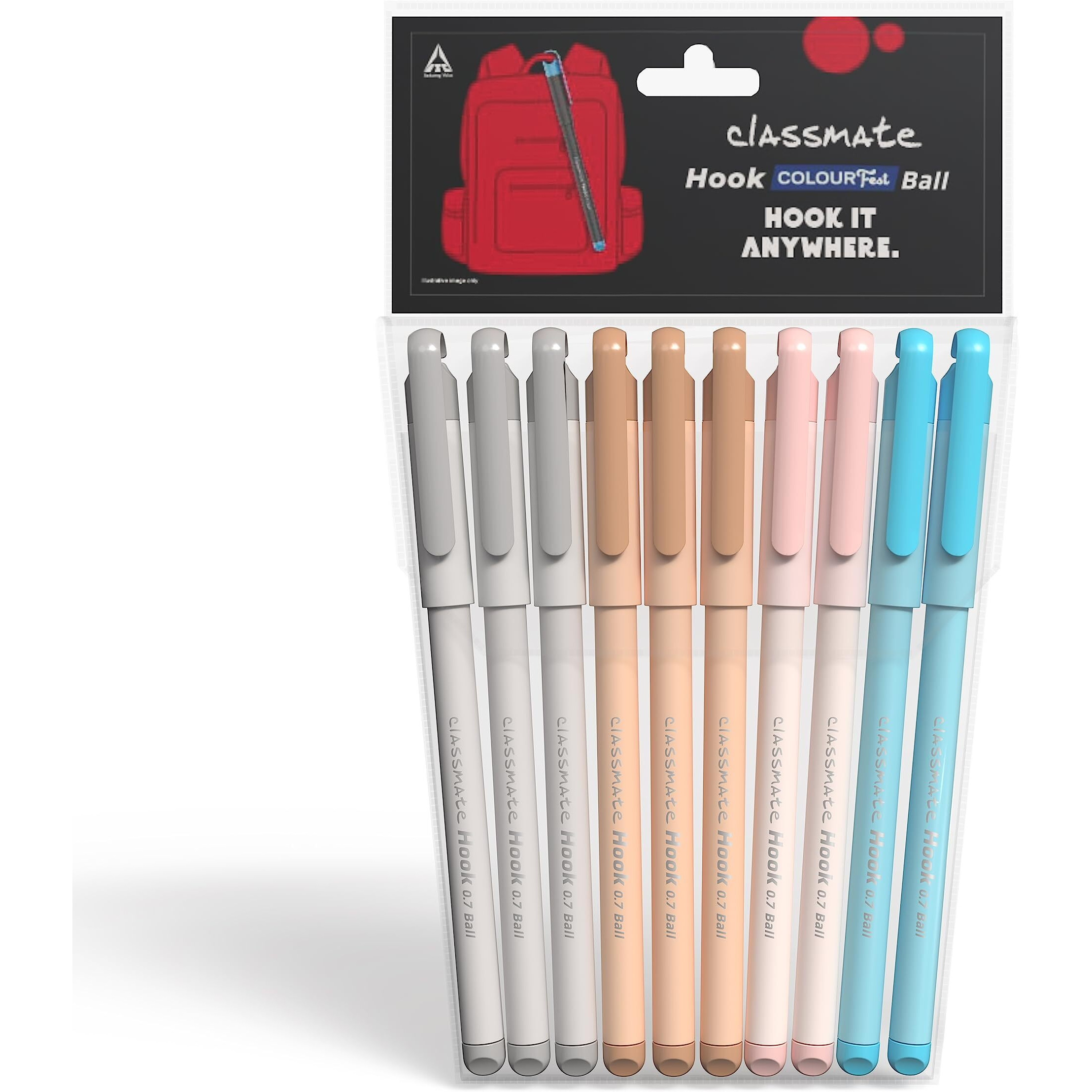 Classmate Hook Ball Pen- Blue (Pack of 10)|Multicolour Body Pens|Attractive Pastel Shades for Boys & Girls|Smooth Writing Ball Pen|Unique Design