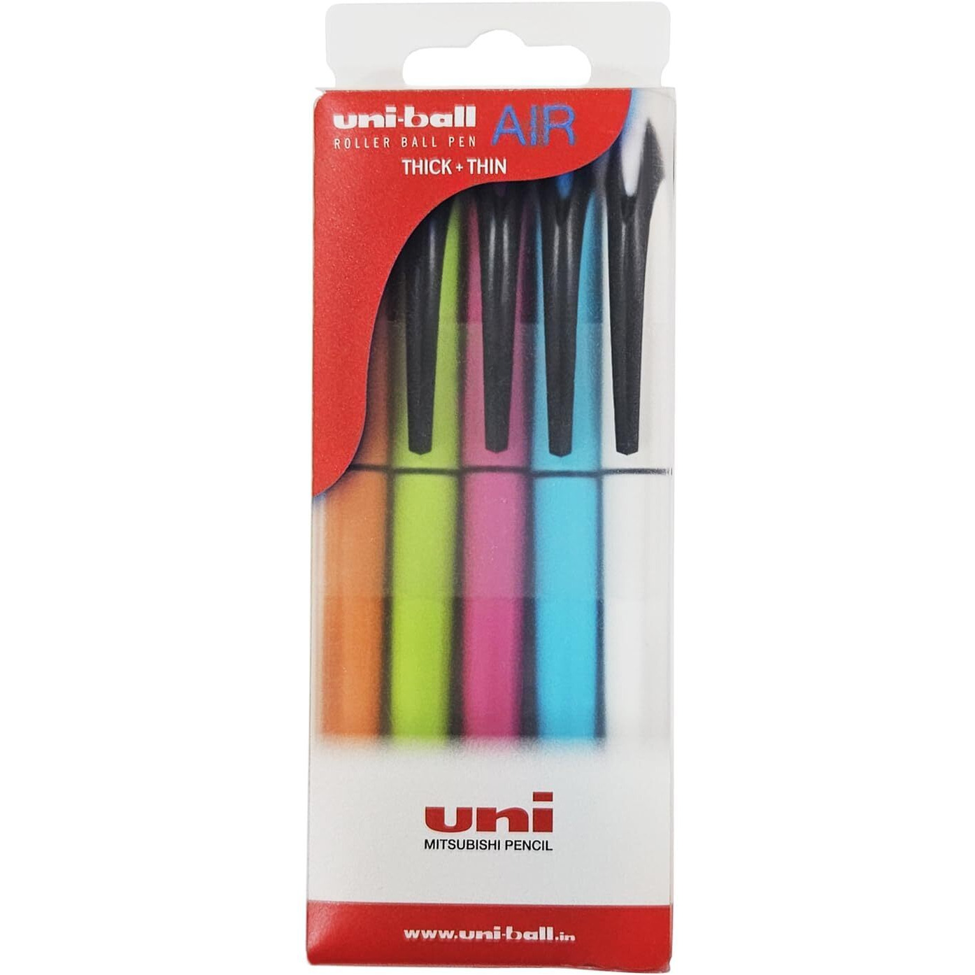 uni-ball Air UBA188ELM 0.5mm Roller Ball Pen Wallet Pack | Multicolour Body, Blue Ink, Pack of 5