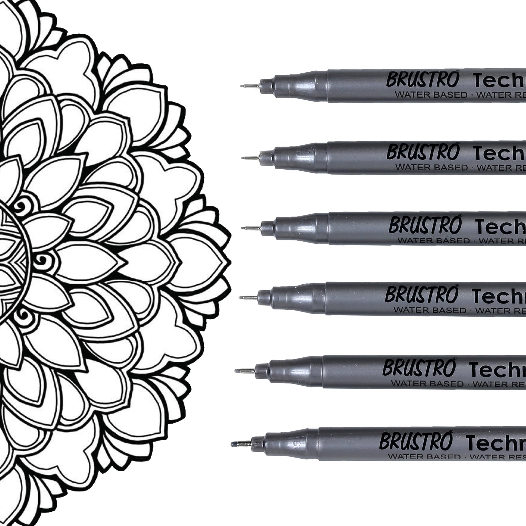 BRUSTRO Technical Fineliner Pen I Black I Set of 6 - Tip Sizes - 0.05mm, 0.1mm, 0.2mm, 0.3mm, 0.5mm, 0.8mm | Ideal For Mandala, Drawing,Artist Illustration,Sketching