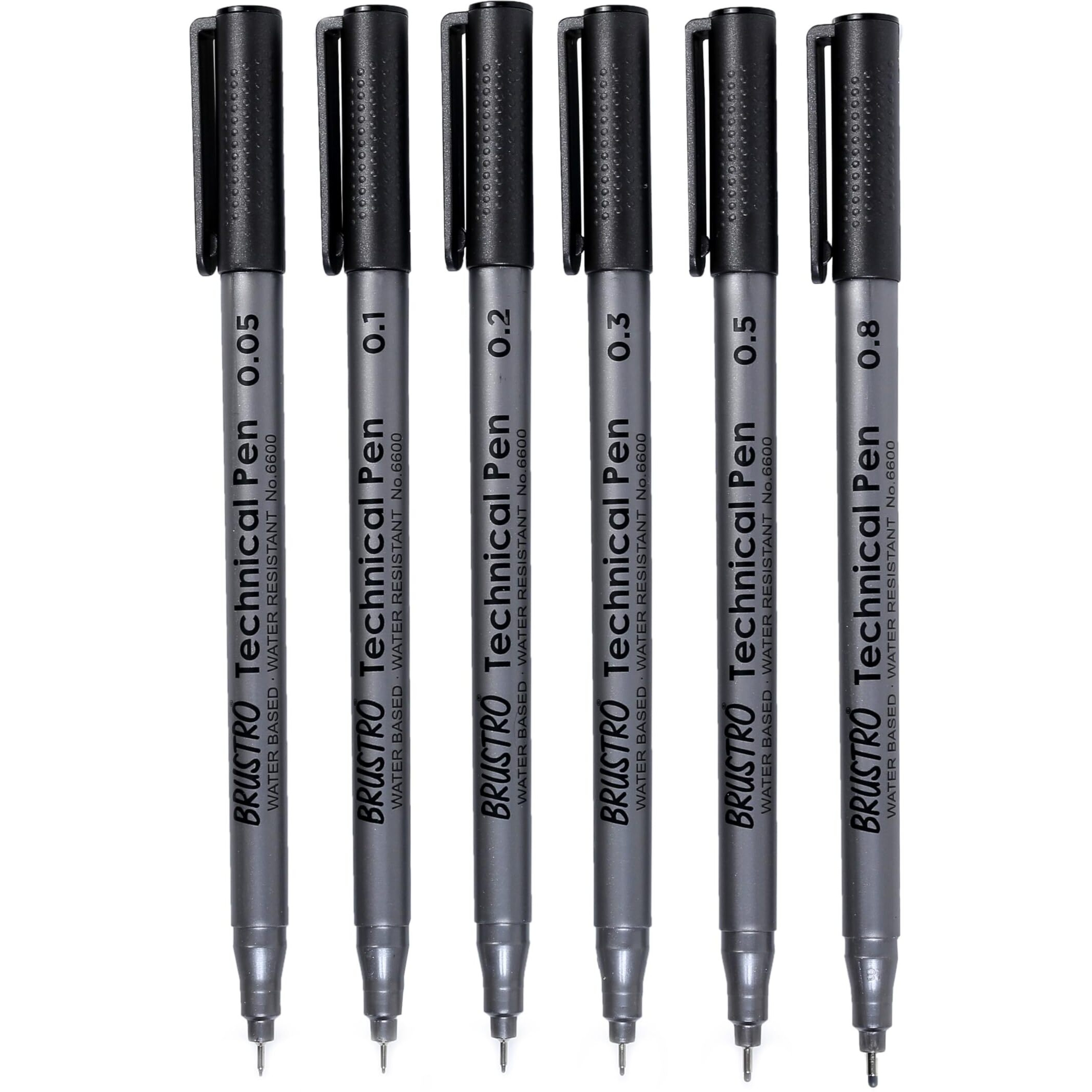 BRUSTRO Technical Fineliner Pen I Black I Set of 6 - Tip Sizes - 0.05mm, 0.1mm, 0.2mm, 0.3mm, 0.5mm, 0.8mm | Ideal For Mandala, Drawing,Artist Illustration,Sketching