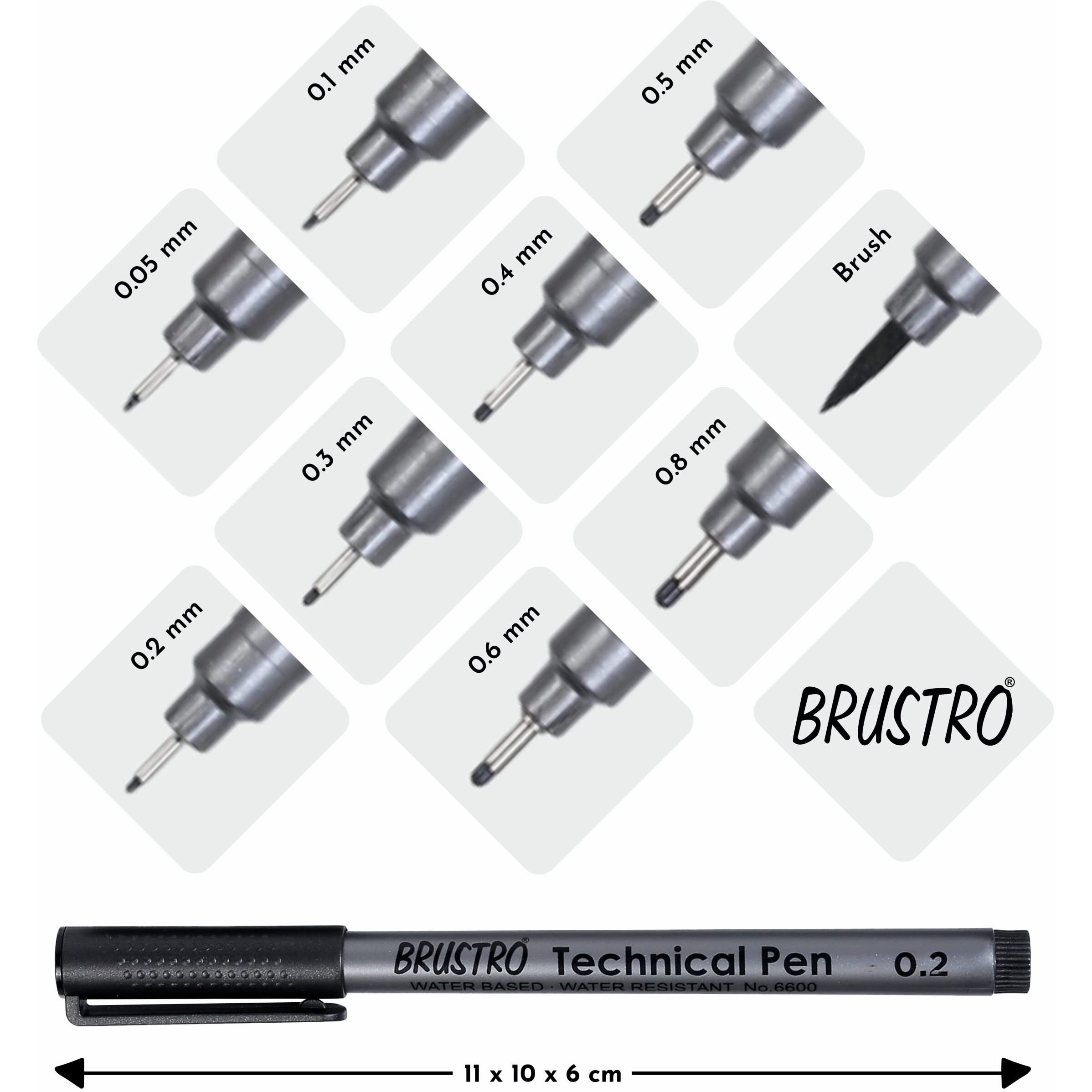BRUSTRO Technical Fineliner Pen I Black I Set of 6 - Tip Sizes - 0.05mm, 0.1mm, 0.2mm, 0.3mm, 0.5mm, 0.8mm | Ideal For Mandala, Drawing,Artist Illustration,Sketching