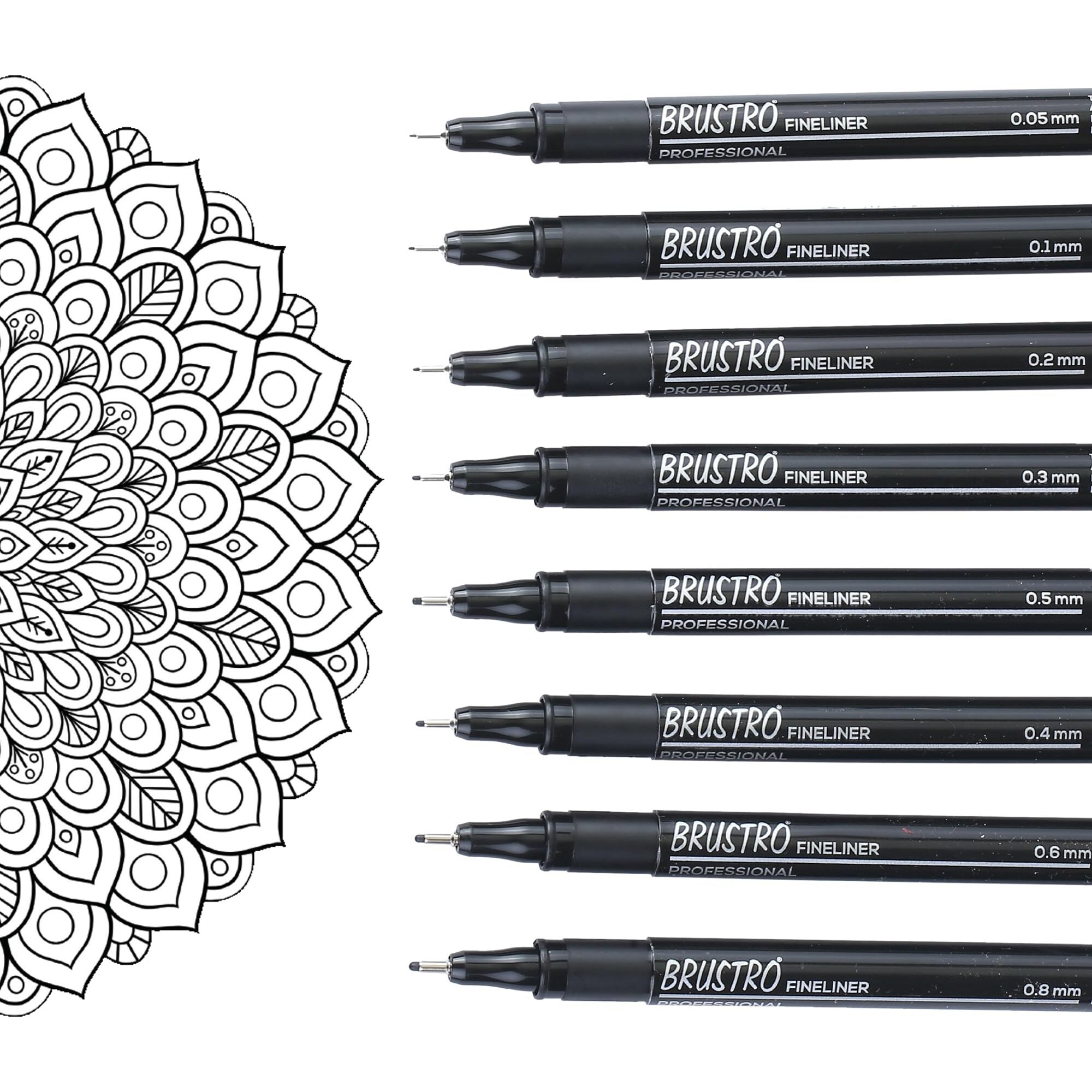BRUSTRO Professional Pigment Based Fineliner Pen |Black| Set of 8 - Tip Size 0.05mm, 0.1mm, 0.2mm, 0.3mm, 0.4mm, 0.5mm, 0.6mm and 0.8mm| Ideal For Mandala, Drawing,Artist Illustration,Sketching