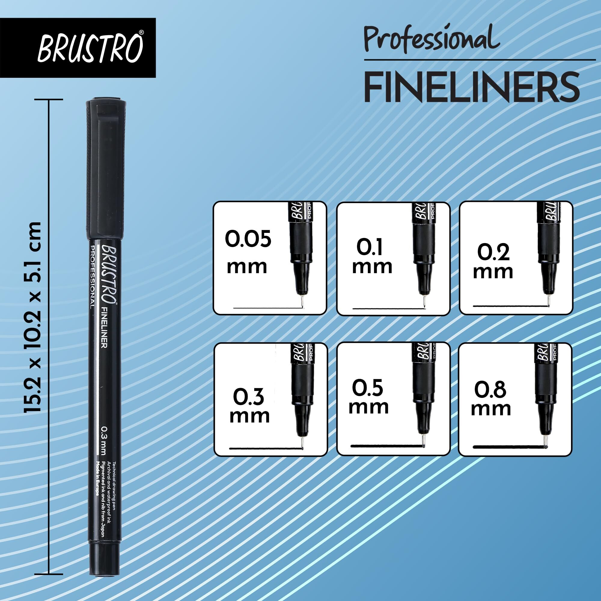 BRUSTRO Professional Pigment Based Fineliner Pen | Black | Set of 6 - Tip Sizes - 0.05mm, 0.1mm, 0.2mm, 0.3mm, 0.5mm, 0.8mm | Ideal For Mandala, Drawing,Artist Illustration,Sketching
