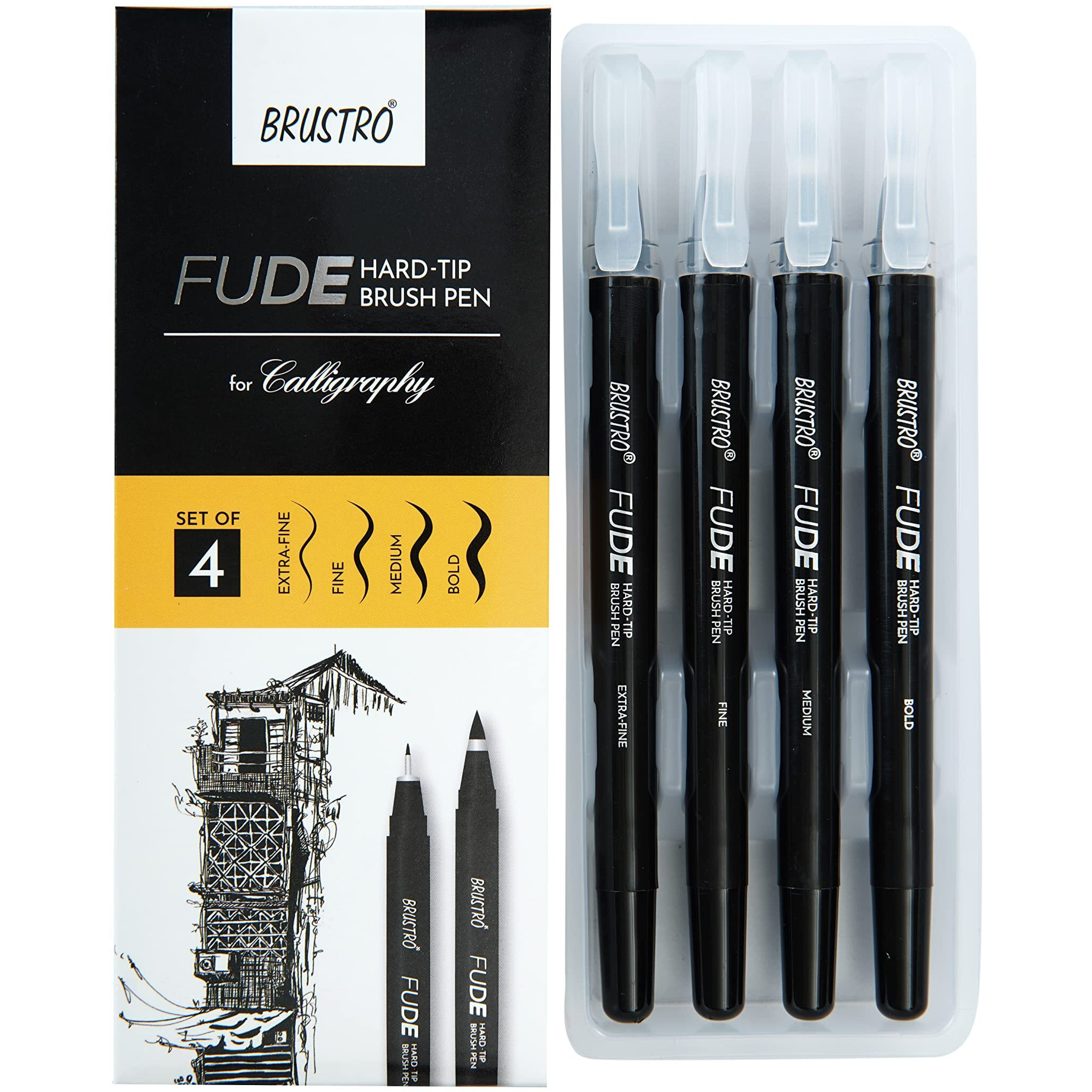 Brustro Fude Hard-tip Black Ink Calligraphy Brush Pen Set of 4. (Extra-fine/Fine/Medium/Bold)