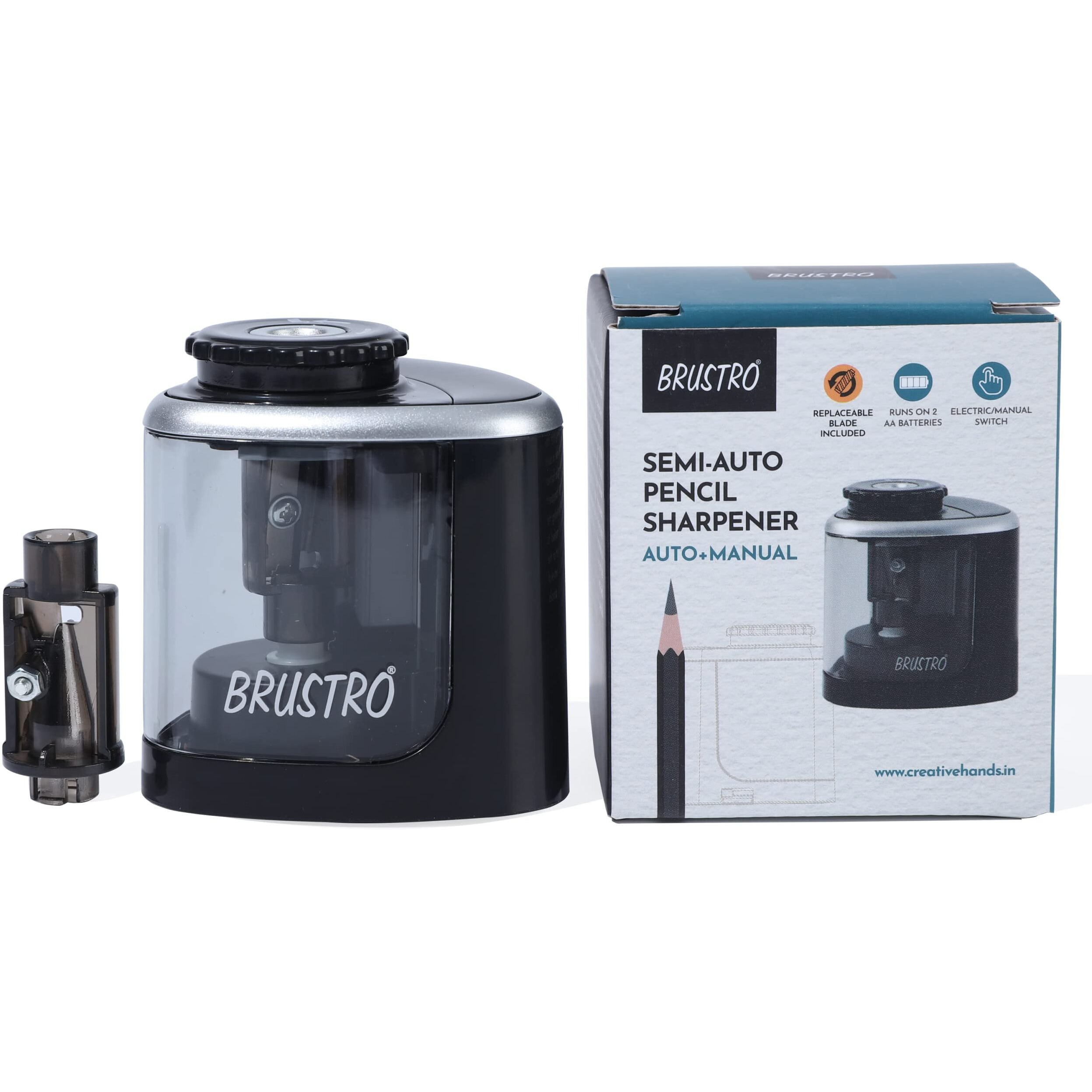 Brustro Semi-Auto Pencil Sharpener | Battery Operated + Manual |Electric Sharpener, Fast Sharping, Automatic, Ideal for Kids and Adults, Professional Artists, Auto feed for Home, Office and School use