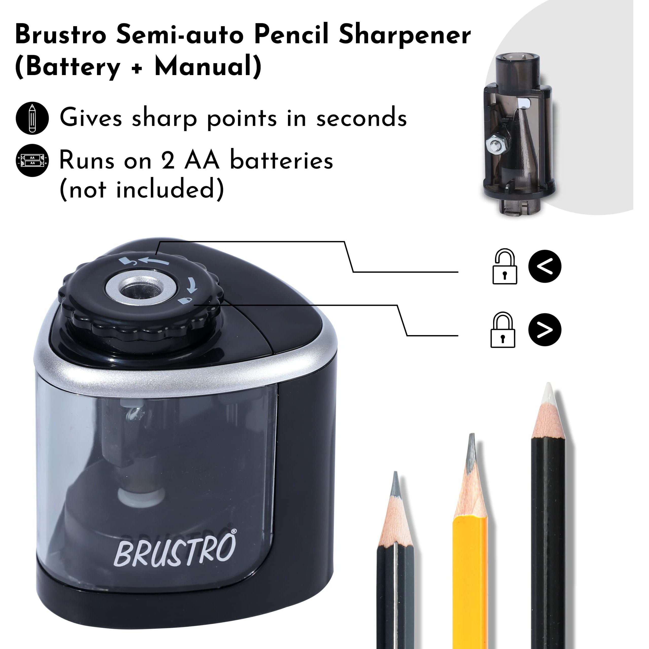 Brustro Semi-Auto Pencil Sharpener | Battery Operated + Manual |Electric Sharpener, Fast Sharping, Automatic, Ideal for Kids and Adults, Professional Artists, Auto feed for Home, Office and School use