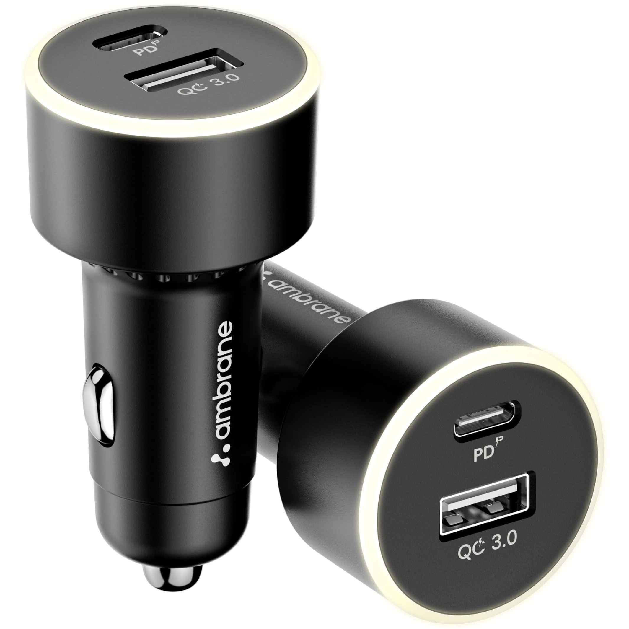 Ambrane 85W Car Charger, Mobile & Laptop Charging (MacBook & Type C Laptops), Glowing Light, Dual Port Fast Charging, 65W Type C PD, 20W USB for iPhone, Android, iPad & Other Devices (Black, C85R)