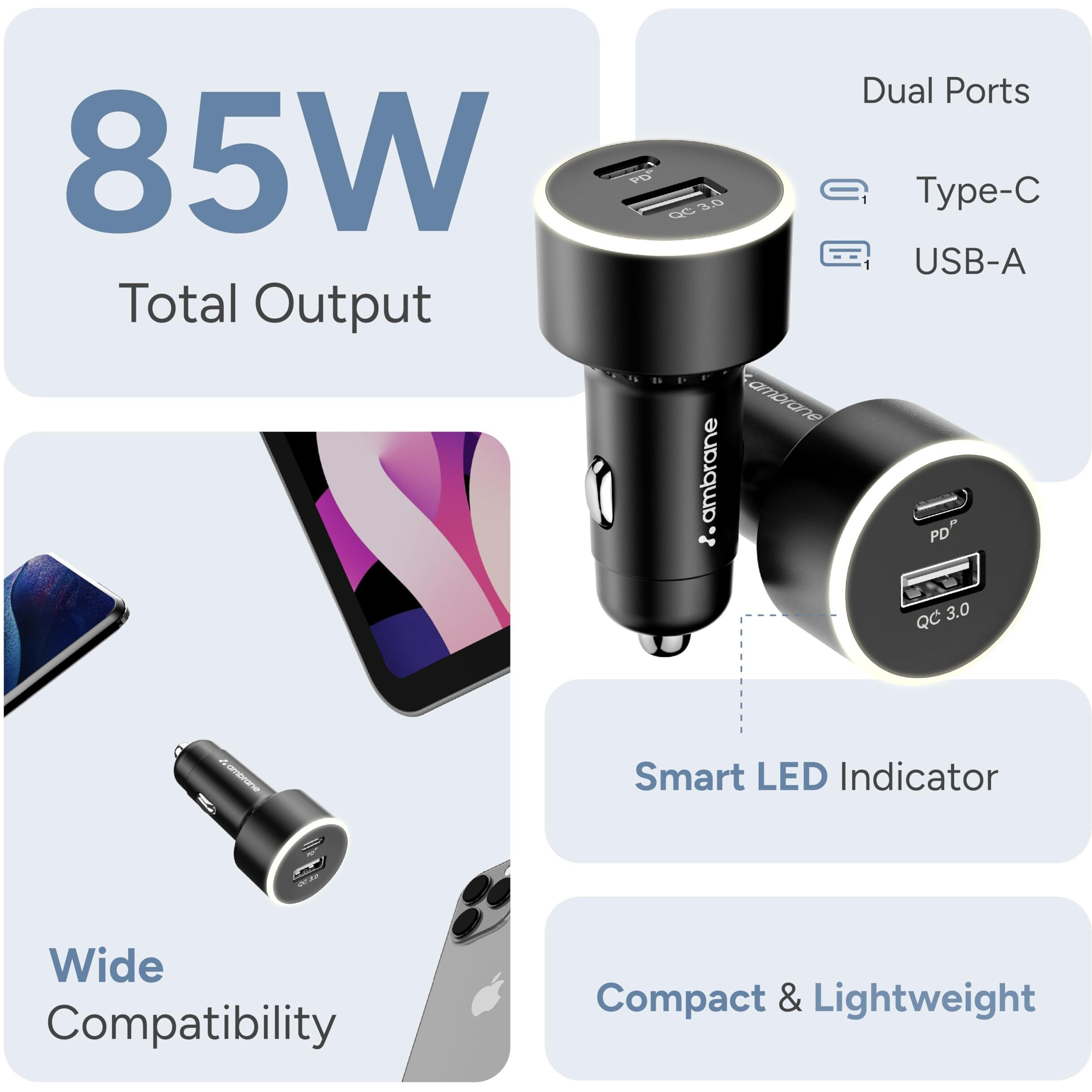 Ambrane 85W Car Charger, Mobile & Laptop Charging (MacBook & Type C Laptops), Glowing Light, Dual Port Fast Charging, 65W Type C PD, 20W USB for iPhone, Android, iPad & Other Devices (Black, C85R)