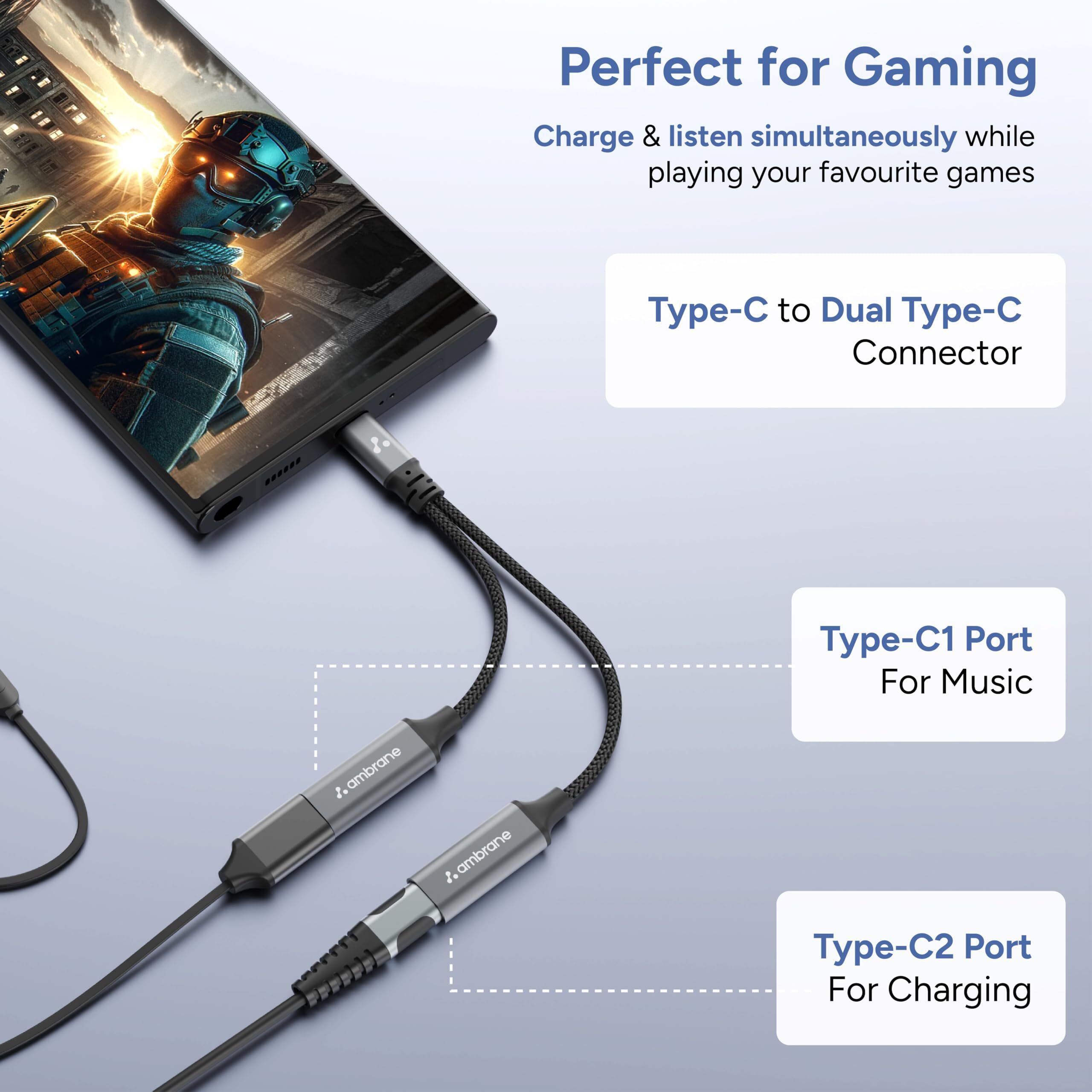 Ambrane 2 in 1 Type C to Type C Audio & Charging Connector, Perfect for Playing Music/Gaming while Charging For All Type C Devices, Android, iPhone 16/15/Plus/Pro/Max, Macbook, Laptop (AOTG-CC1,Black)