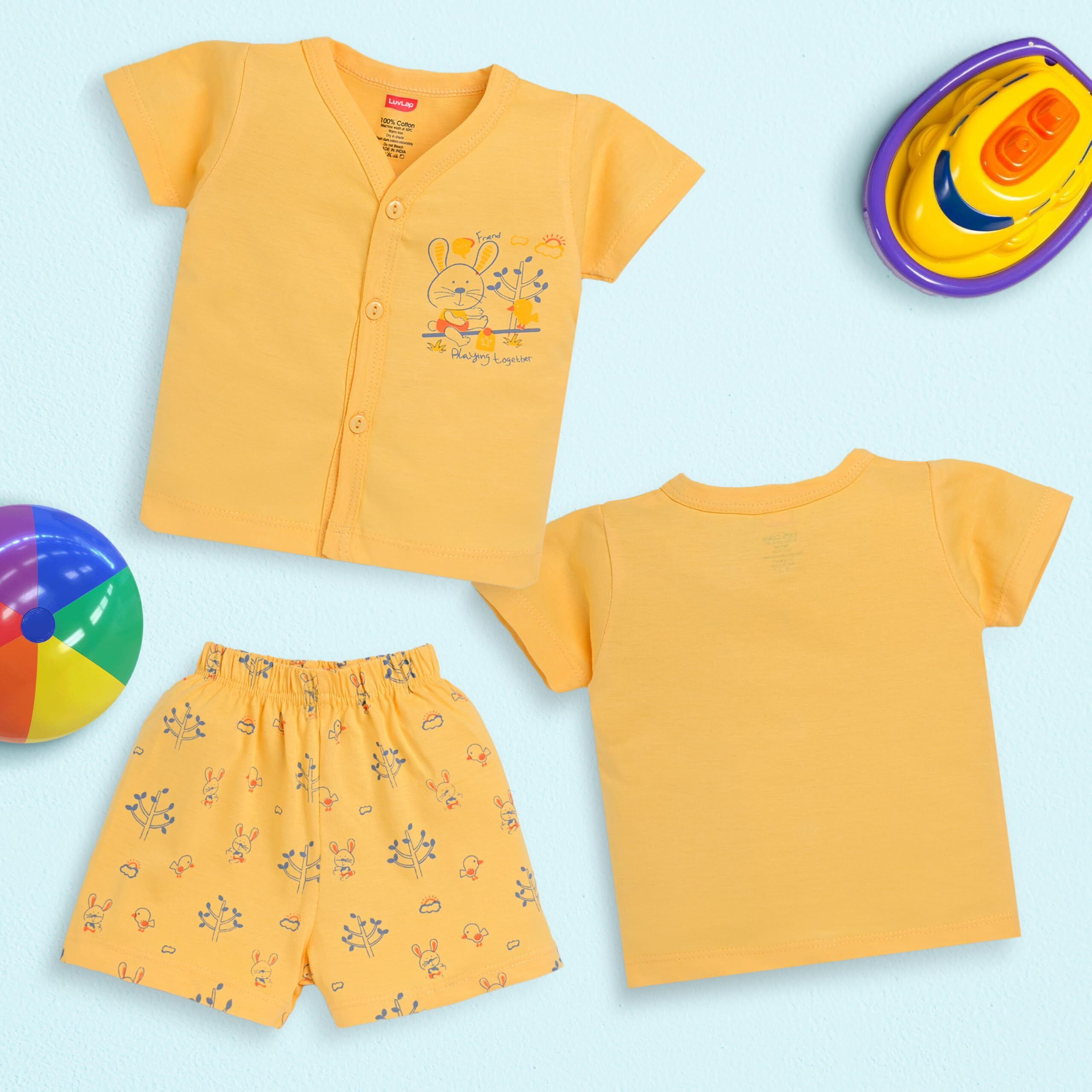 LuvLap Baby Boys & Baby Girls Pack Of 3 Half Sleeve Jhabla & Shorts Set 100% Cotton, M (3 to 6 Months)