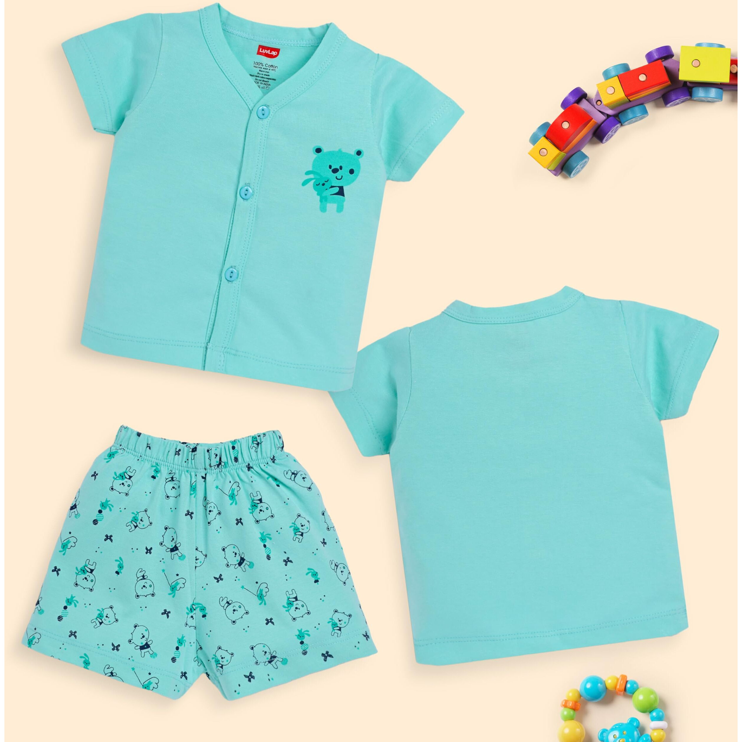 LuvLap Baby Boys & Baby Girls Pack Of 3 Half Sleeve Jhabla & Shorts Set 100% Cotton, M (3 to 6 Months)