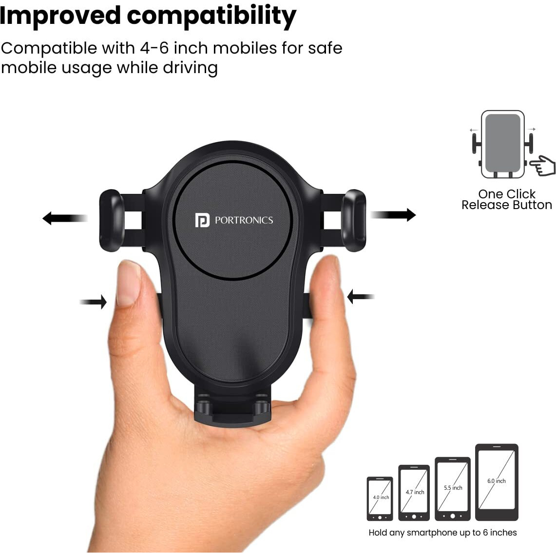 Portronics Clamp Y Adjustable Air Vent Mobile Holder for Car with 360 Rotational, One Click Release Button, Compatible with 4 to 6 inch Devices(Black)