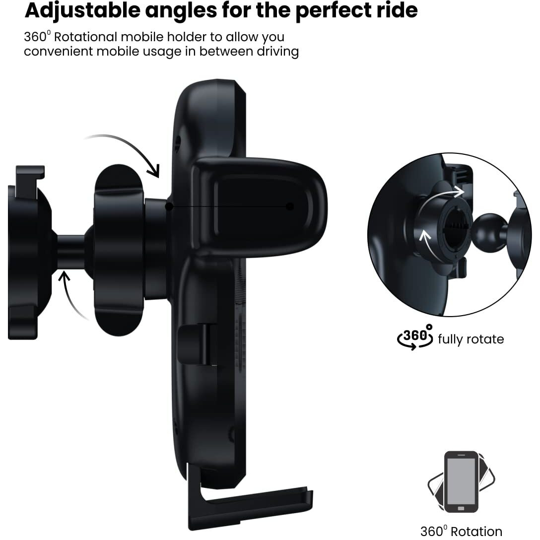 Portronics Clamp Y Adjustable Air Vent Mobile Holder for Car with 360 Rotational, One Click Release Button, Compatible with 4 to 6 inch Devices(Black)