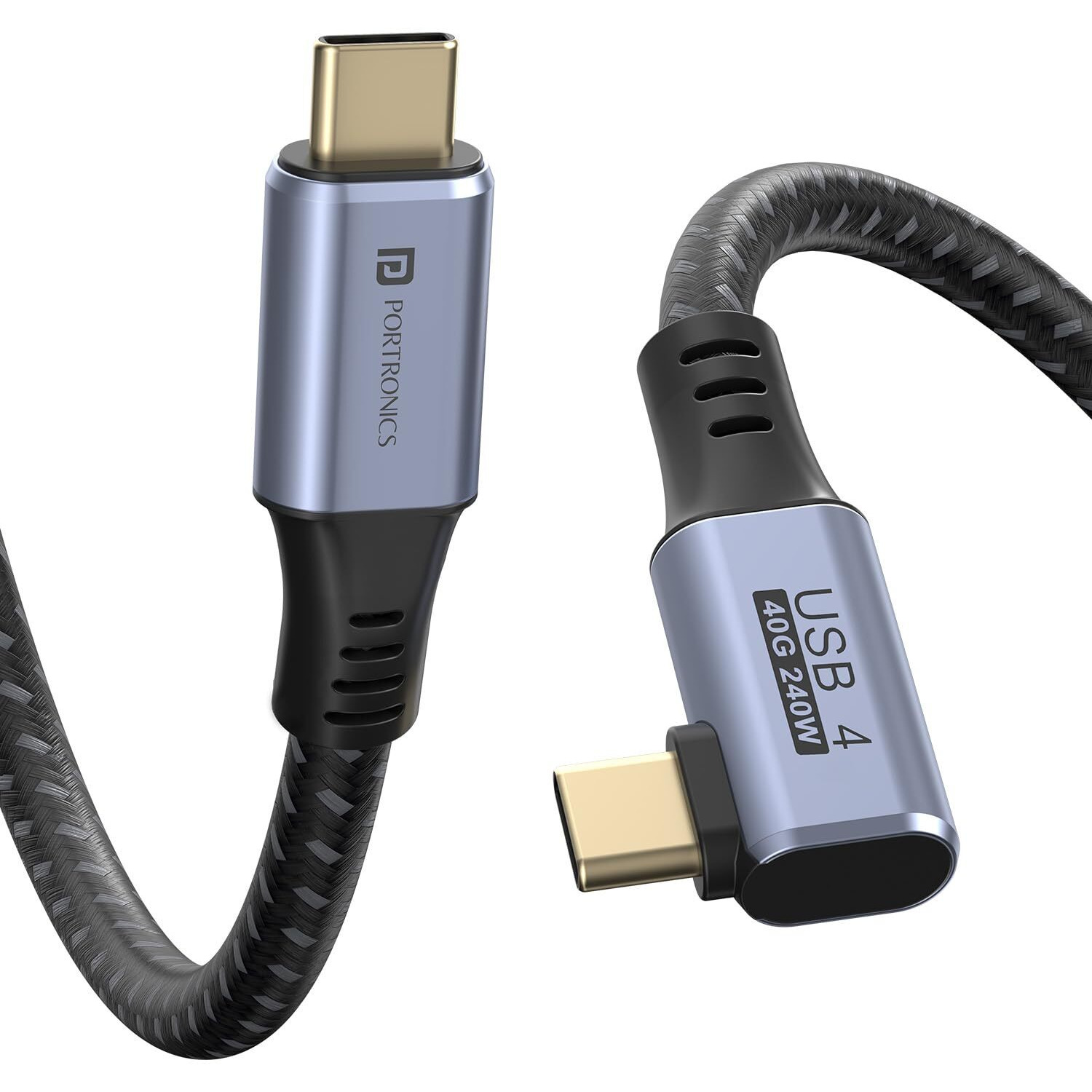 Portronics Flash C2 240W Type C to Type C Cable With 40Gbps Data Transfer Speed, Thunderbolt 4, 8K@60Hz Display Cable, USB 4 Type C 90 Shaped Connector, Gold Coated, Type C Fast Charging