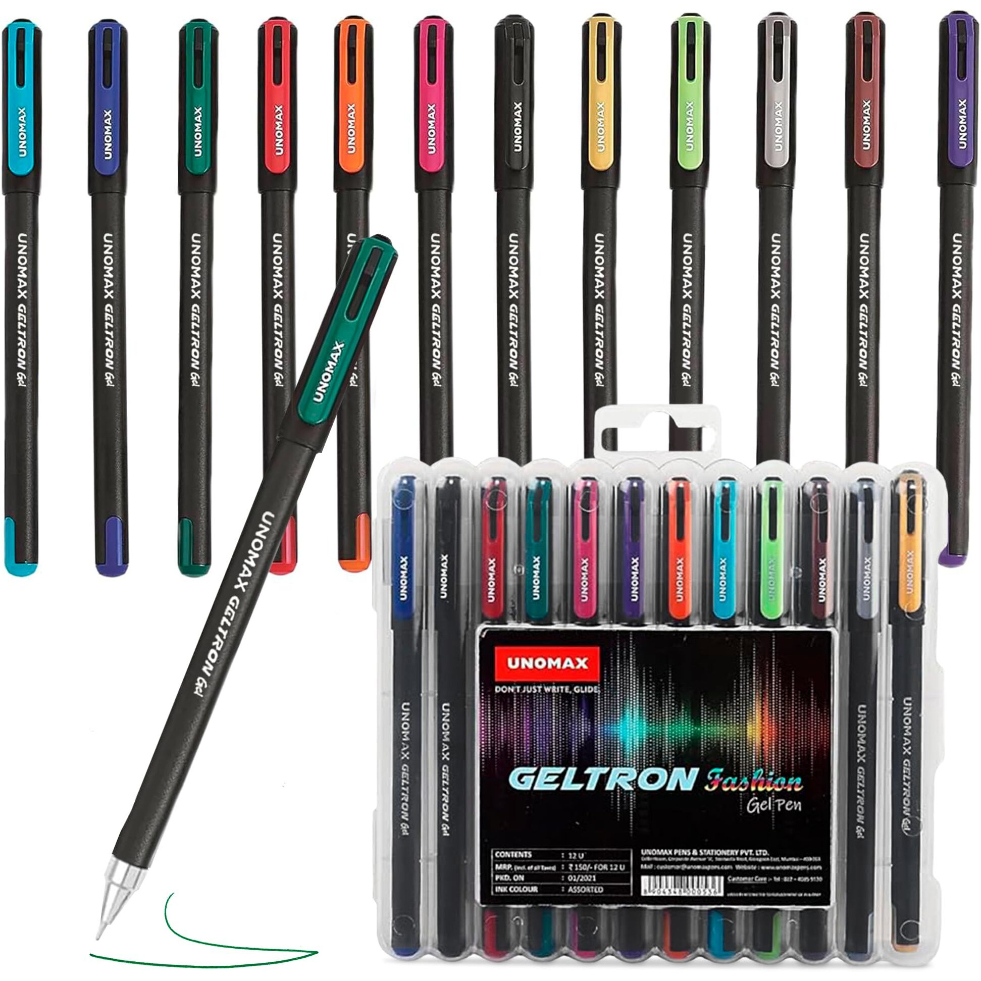 UNOMAX Geltron Fashion Gel Pen - Pack of 12, Assorted Colours | Elevate Your Writing Experience Super Smooth Writing, Matt Finish, Waterproof Ink Technology | Professional | Budget-Friendly