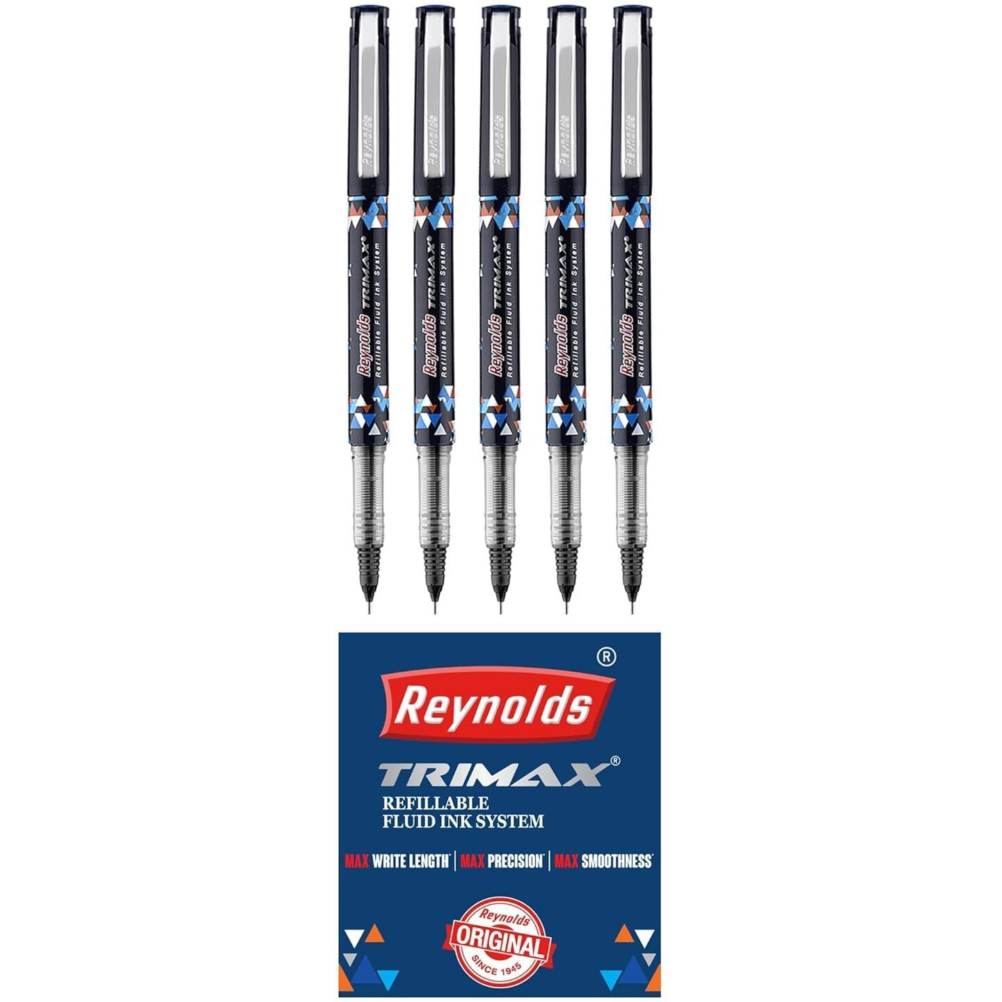 Reynolds TRIMAX RollerBall Pen SET - 5 PENS BLACK | ROLLER BALL PEN FOR WRITING | PEN FOR STUDENTS & OFFICE STATIONERY | 0.5 mm TIP SIZE