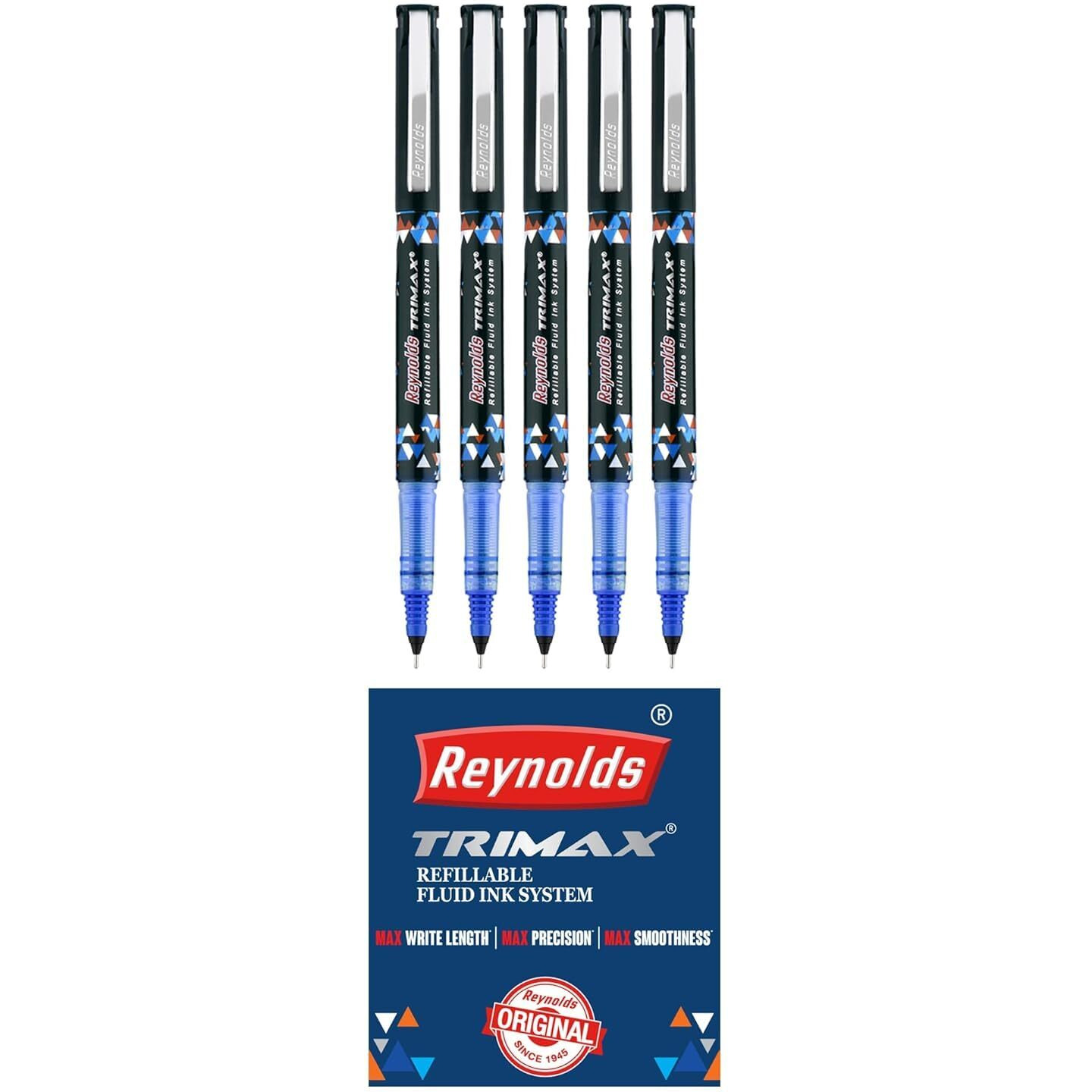 Reynolds TRIMAX RollerBall Pen SET - 5 PENS BLUE | ROLLER BALL PEN FOR WRITING | PEN FOR STUDENTS & OFFICE STATIONERY | 0.5 mm TIP SIZE