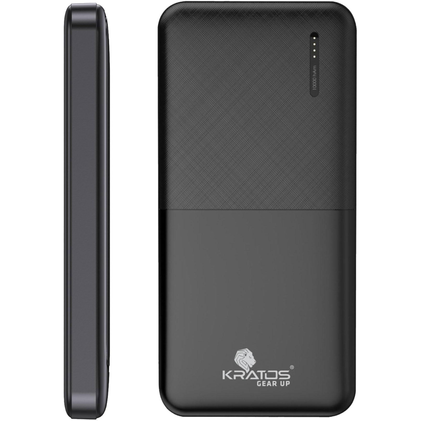 Kratos Legend Pro Power Bank with USB C/B Input, Dual USB A Output, Slim Power Bank 10000mah Compatible for iPhone (Type A to Lightning), Samsung, Xiaomi, Oppo, Vivo, Remdi (use Type A to C/B Cable)