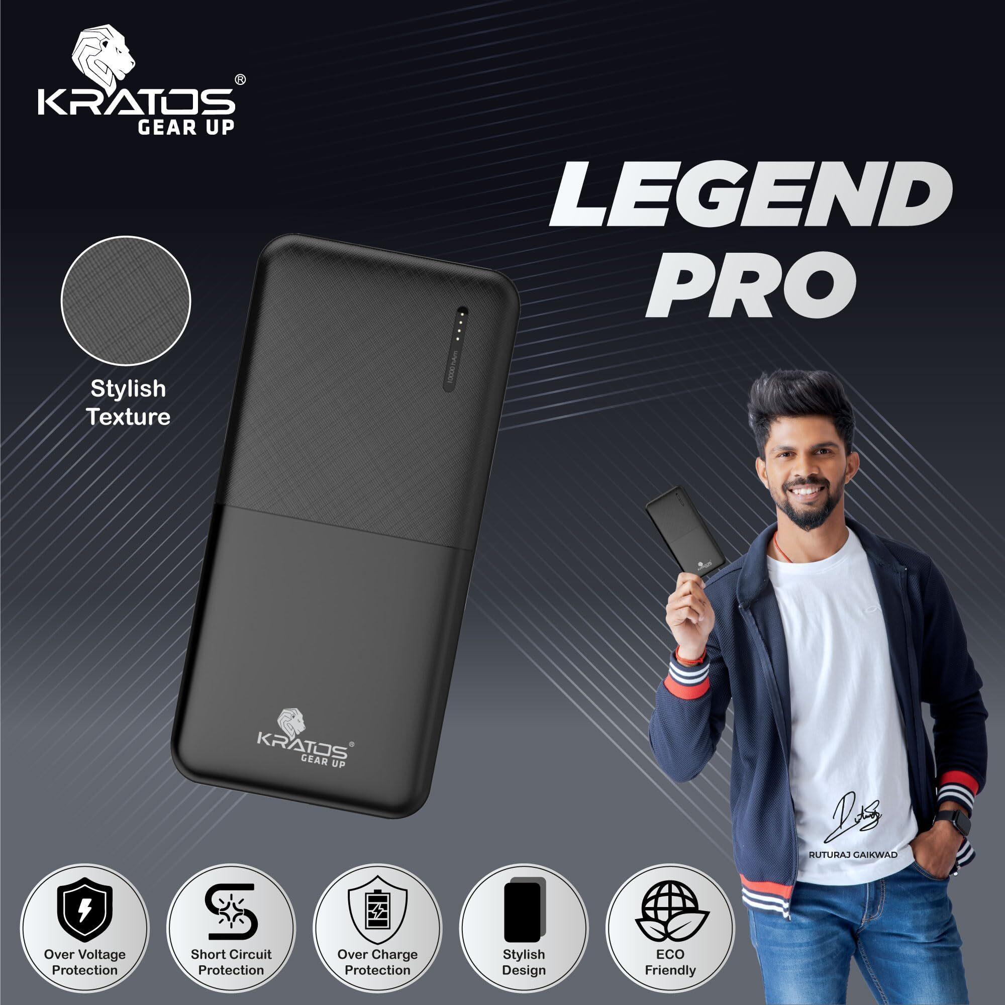 Kratos Legend Pro Power Bank with USB C/B Input, Dual USB A Output, Slim Power Bank 10000mah Compatible for iPhone (Type A to Lightning), Samsung, Xiaomi, Oppo, Vivo, Remdi (use Type A to C/B Cable)