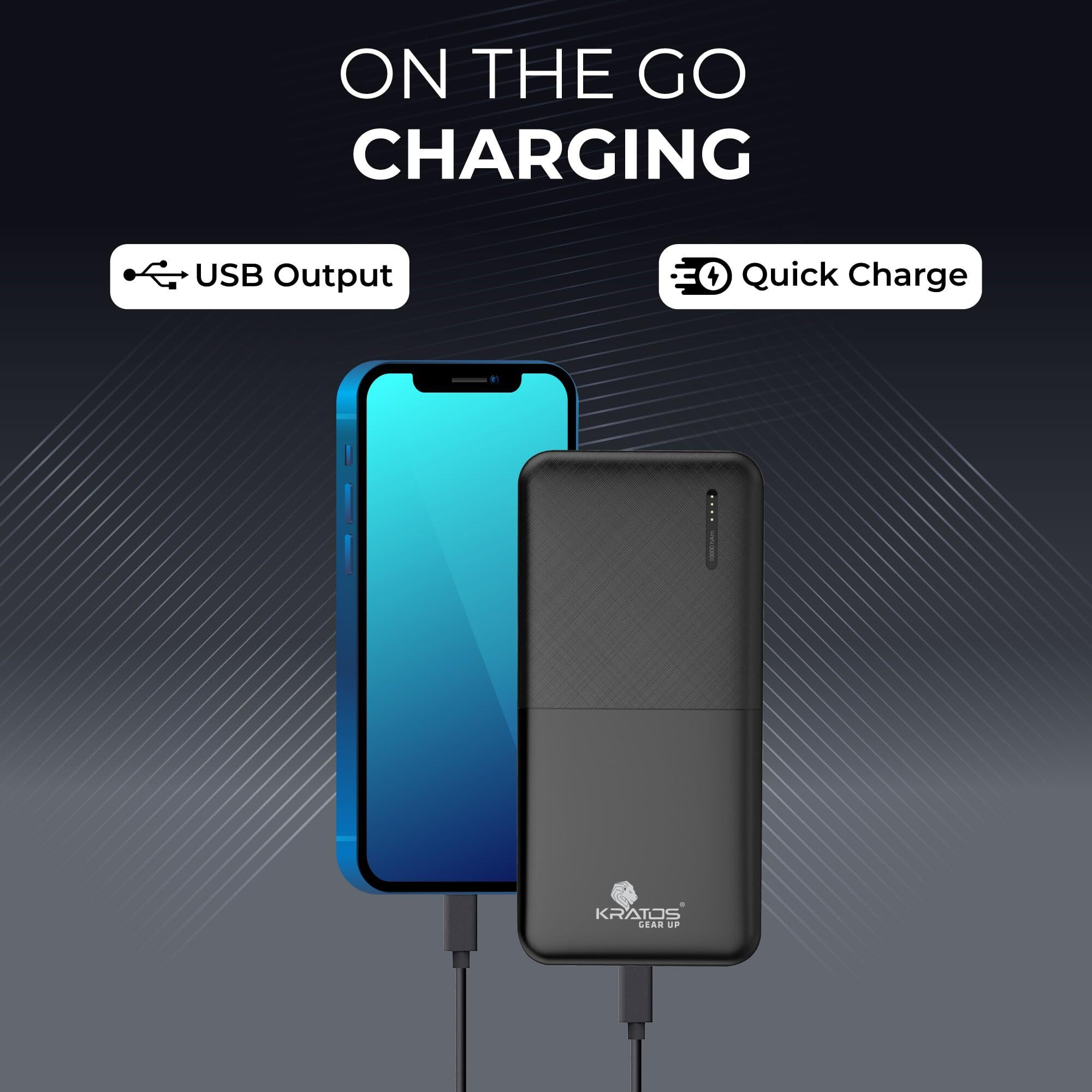 Kratos Legend Pro Power Bank with USB C/B Input, Dual USB A Output, Slim Power Bank 10000mah Compatible for iPhone (Type A to Lightning), Samsung, Xiaomi, Oppo, Vivo, Remdi (use Type A to C/B Cable)