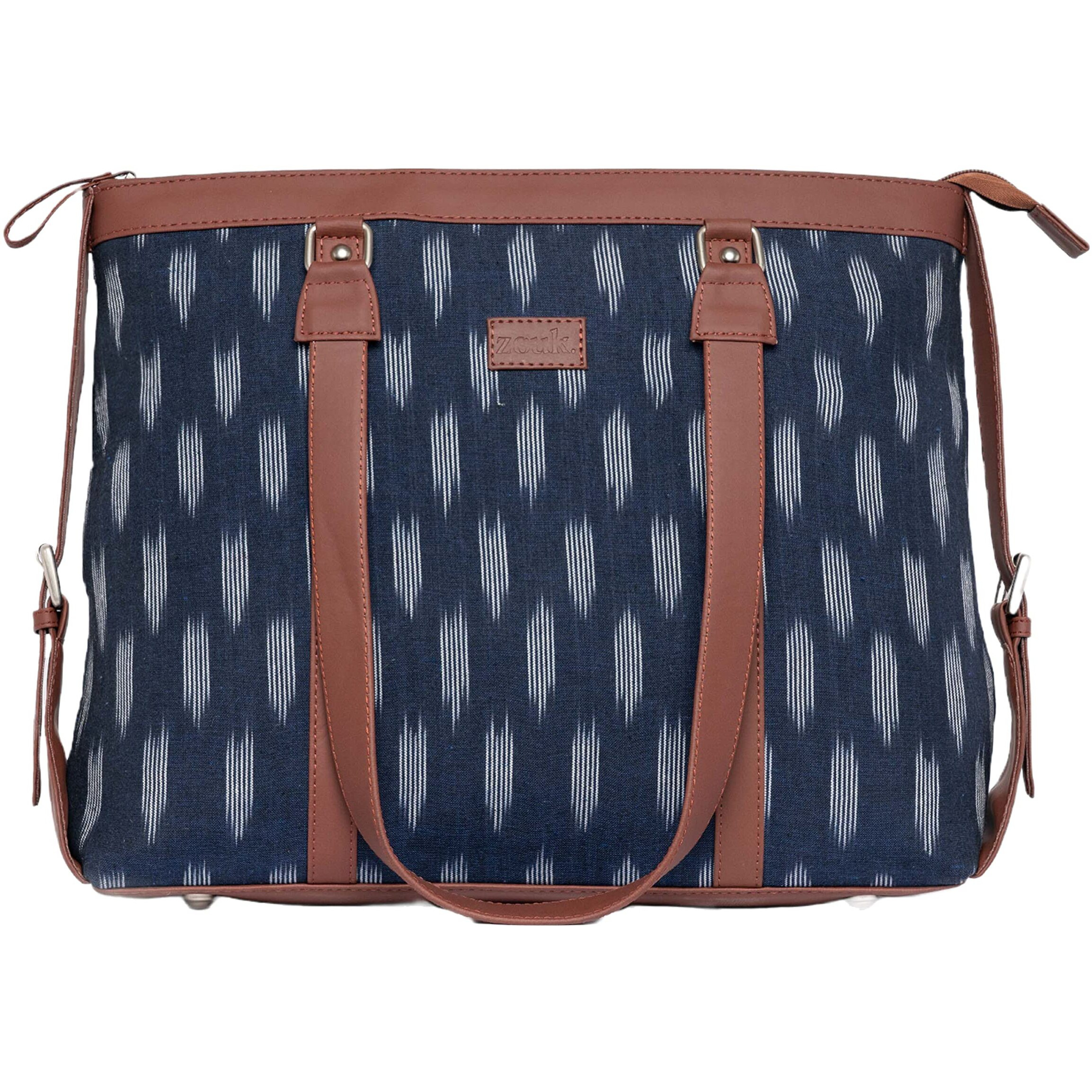 ZOUK Jet Blue Printed Handmade Ikkat and Vegan Leather Women's Office Bag for 15.6 inch Laptop & iphone with double handles - Ikat Jet Blue