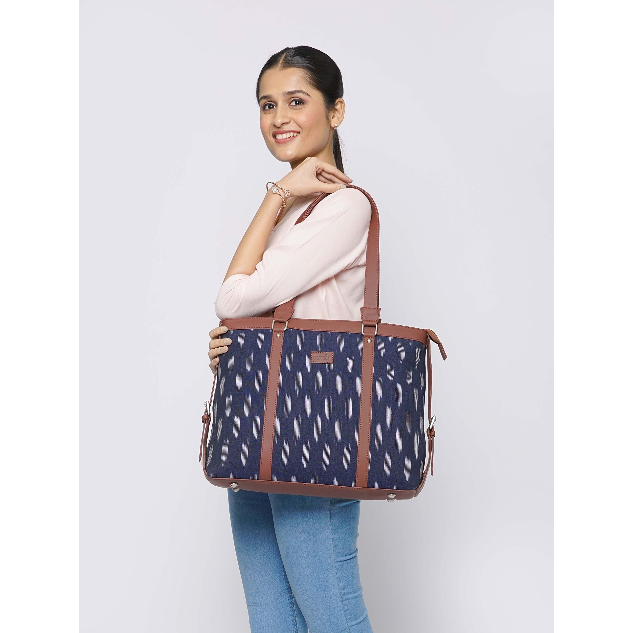 ZOUK Jet Blue Printed Handmade Ikkat and Vegan Leather Women's Office Bag for 15.6 inch Laptop & iphone with double handles - Ikat Jet Blue