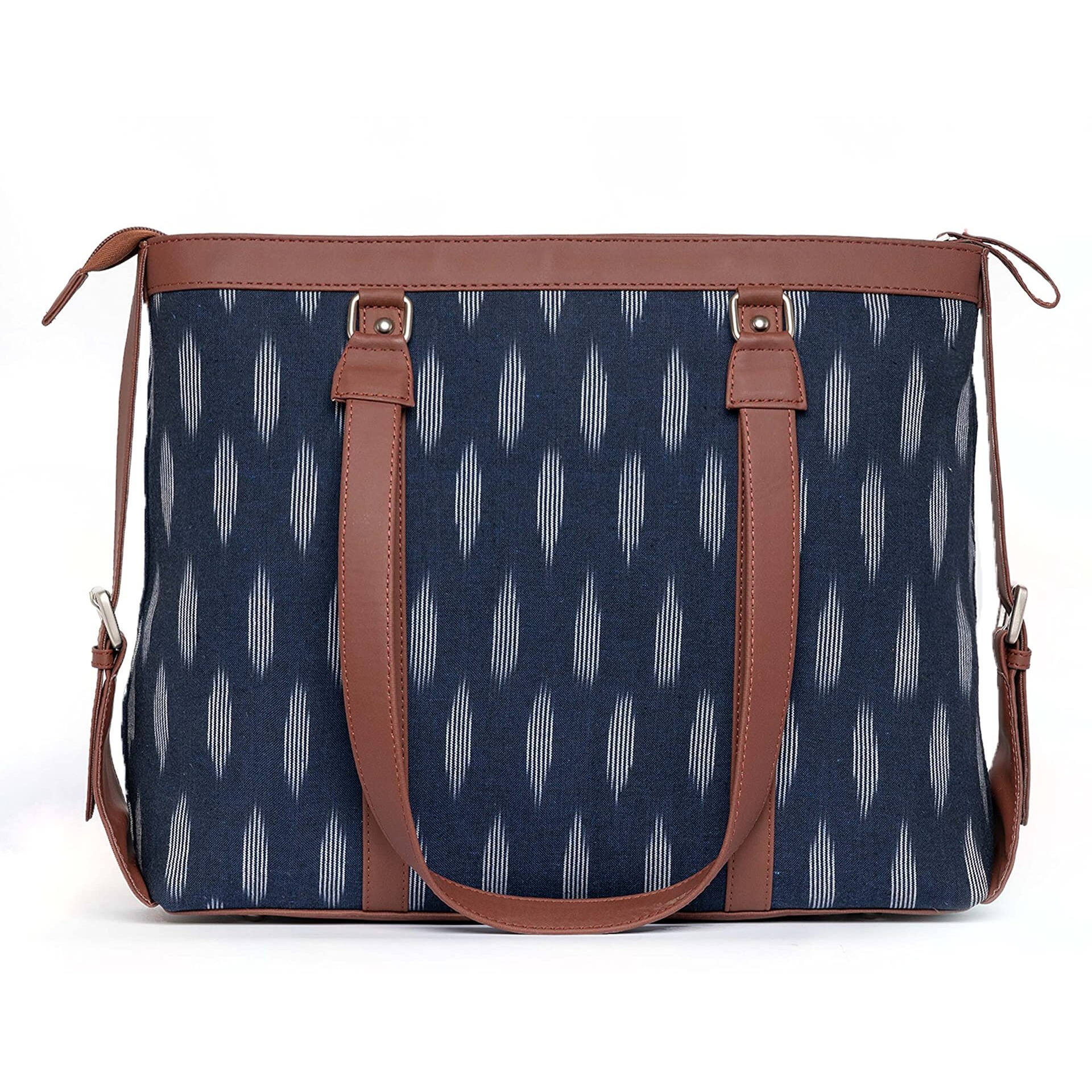 ZOUK Jet Blue Printed Handmade Ikkat and Vegan Leather Women's Office Bag for 15.6 inch Laptop & iphone with double handles - Ikat Jet Blue