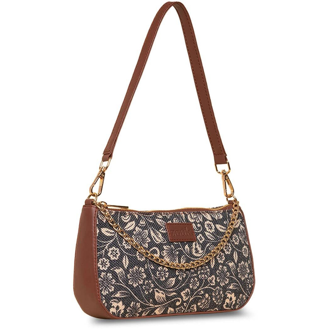 ZOUK Floral Printed Women's Handcrafted Vegan Leather Black Casual Mini Shoulder Bag