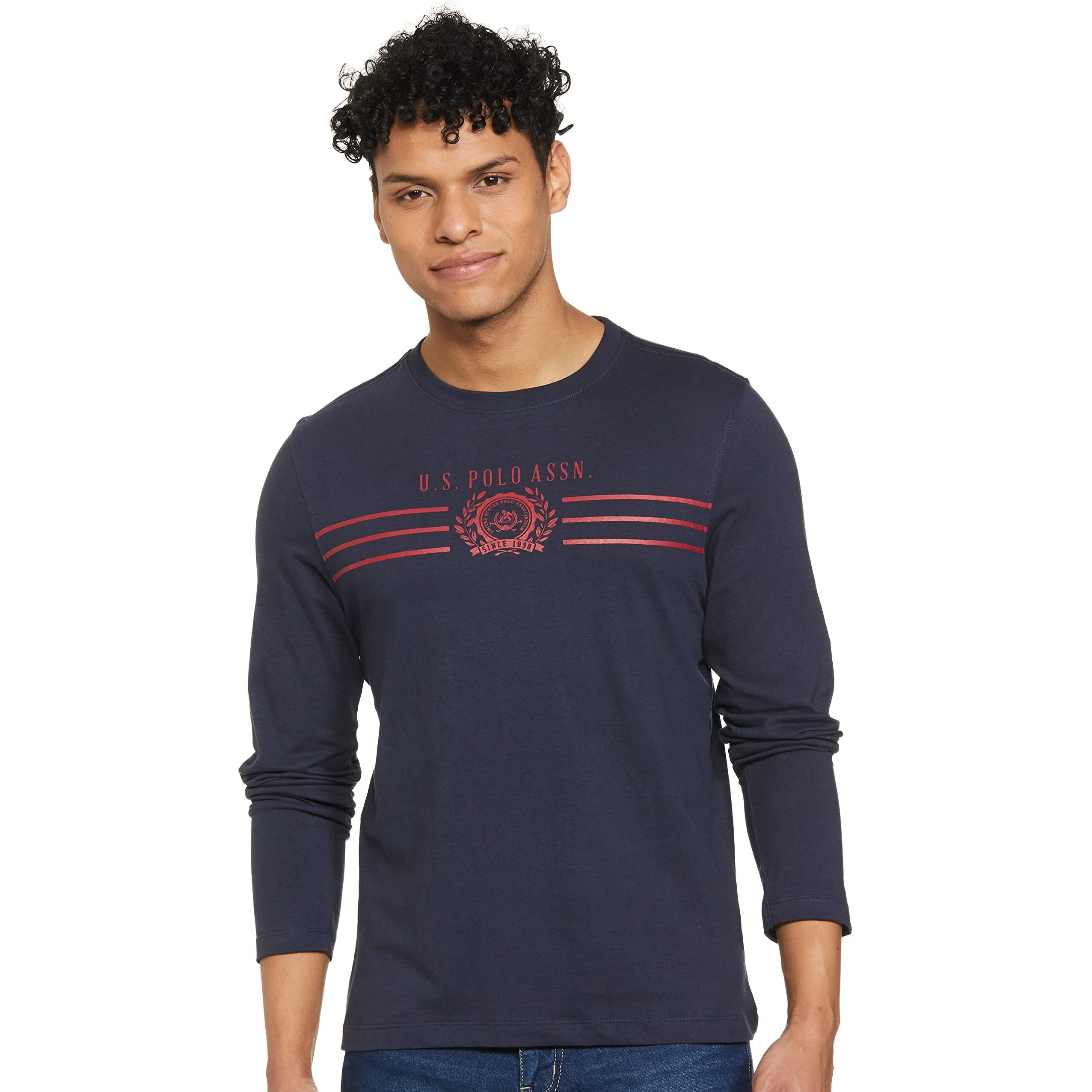 U.S. POLO ASSN. Men's Slim Fit Full Sleeve Round Neck T Shirts, L (USTSHS1383_Red_L)