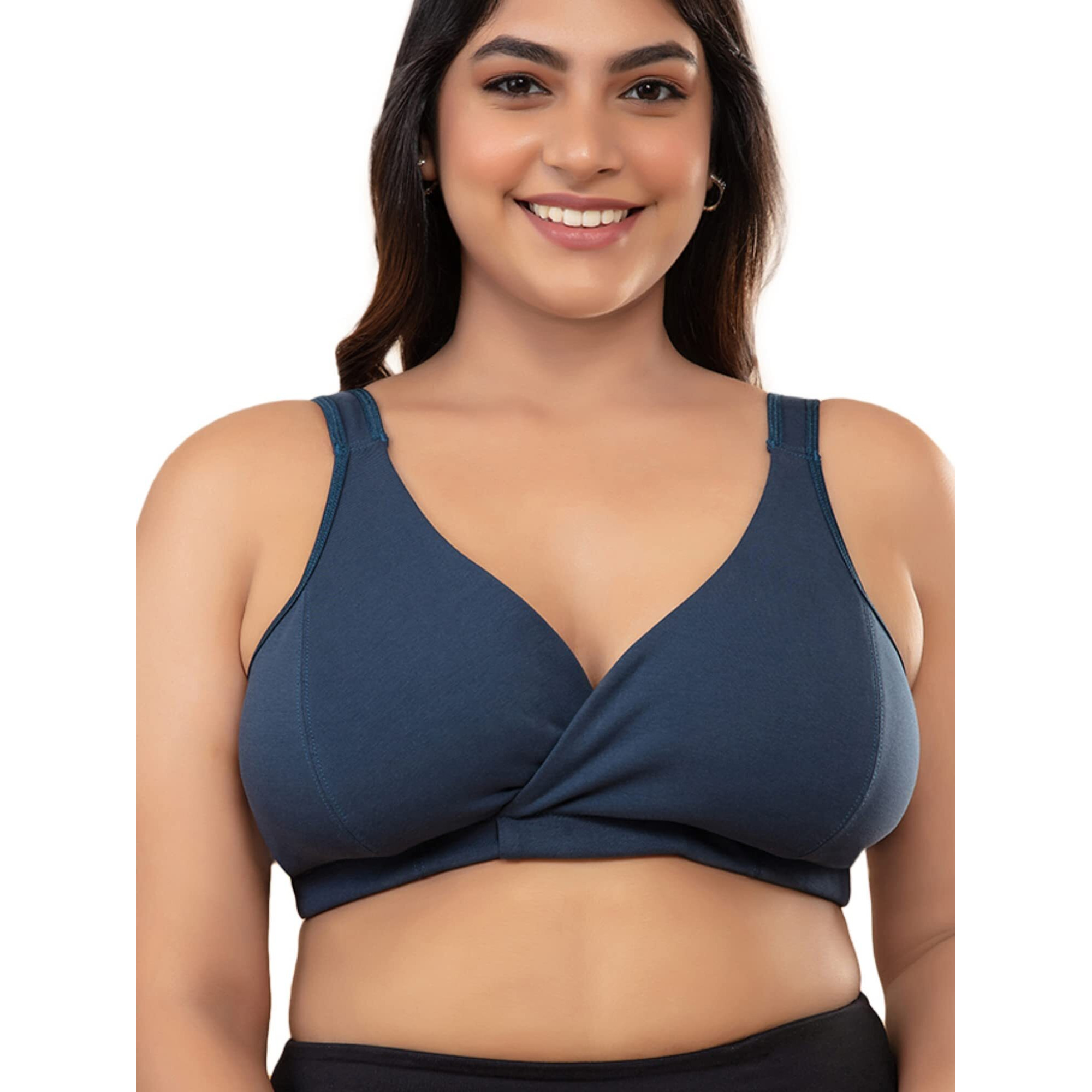 NYKD Cotton Maternity Bra for Women Nursing/Feeding - Non-Padded, Non-Wired, Full Coverage (with Adjustable Straps) Bra, NYB129, Dark Blue, XL, 1N