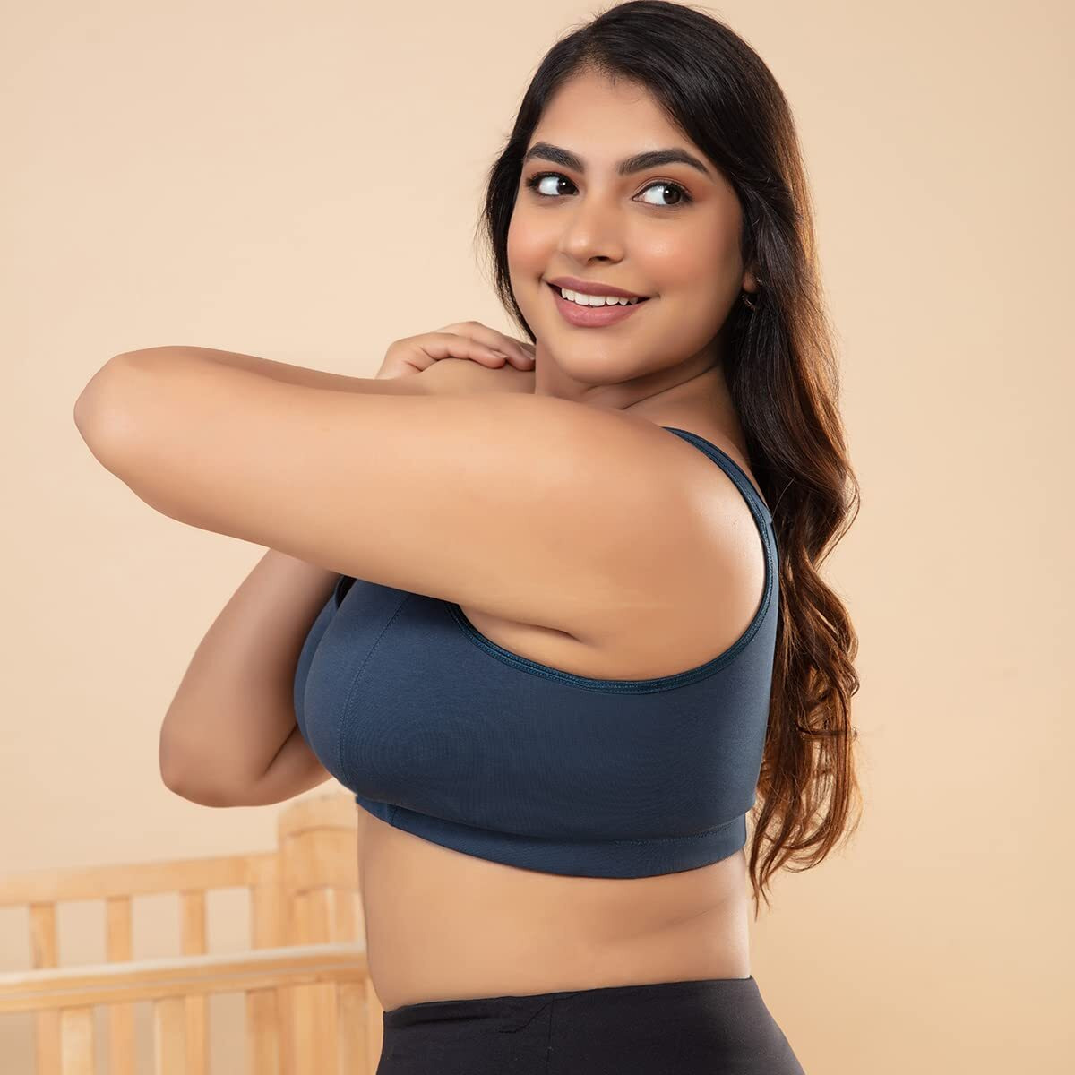 NYKD Cotton Maternity Bra for Women Nursing/Feeding - Non-Padded, Non-Wired, Full Coverage (with Adjustable Straps) Bra, NYB129, Dark Blue, XL, 1N