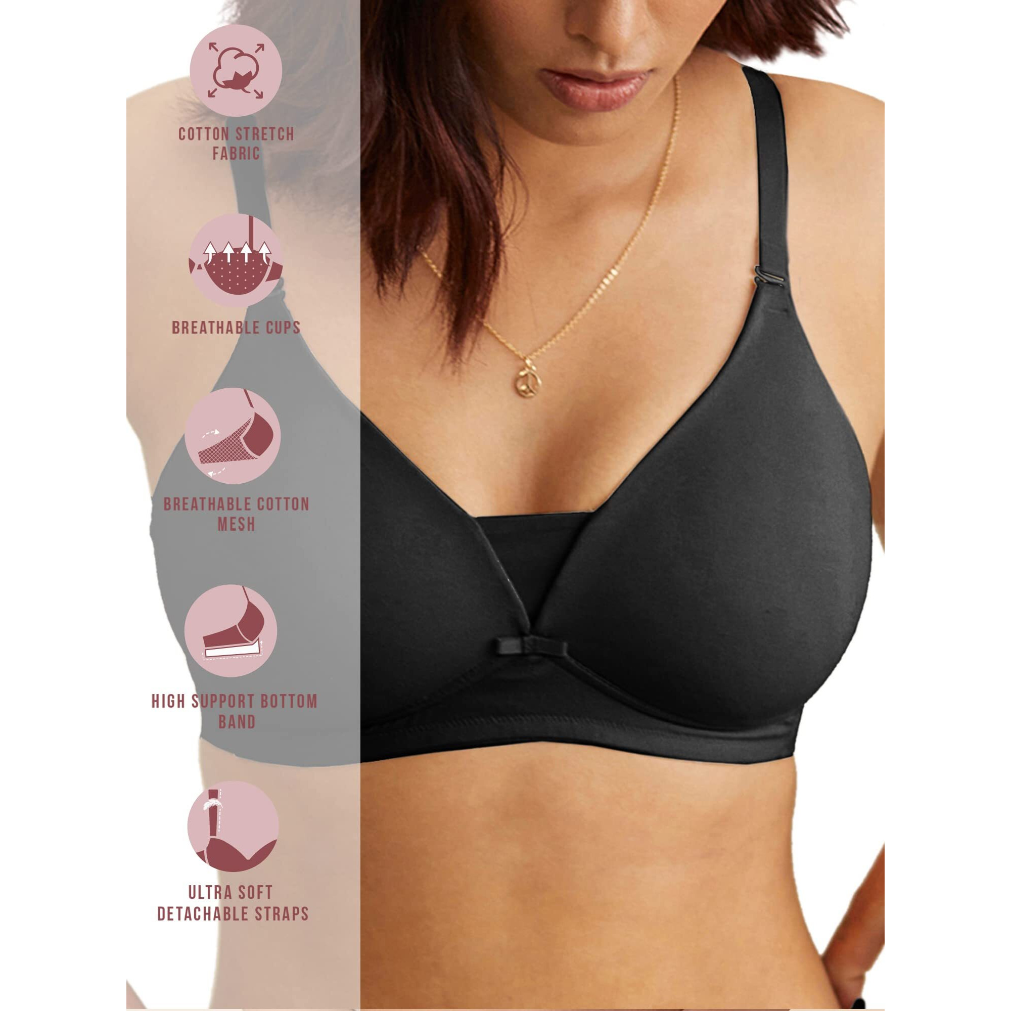 NYKD Women's Cotton Lightly Padded Seamless Wire Free Everyday T-Shirt Bra for Women Daily Use Wireless, 3/4th Coverage - Bra, NYB003, Black, 34B, 1N