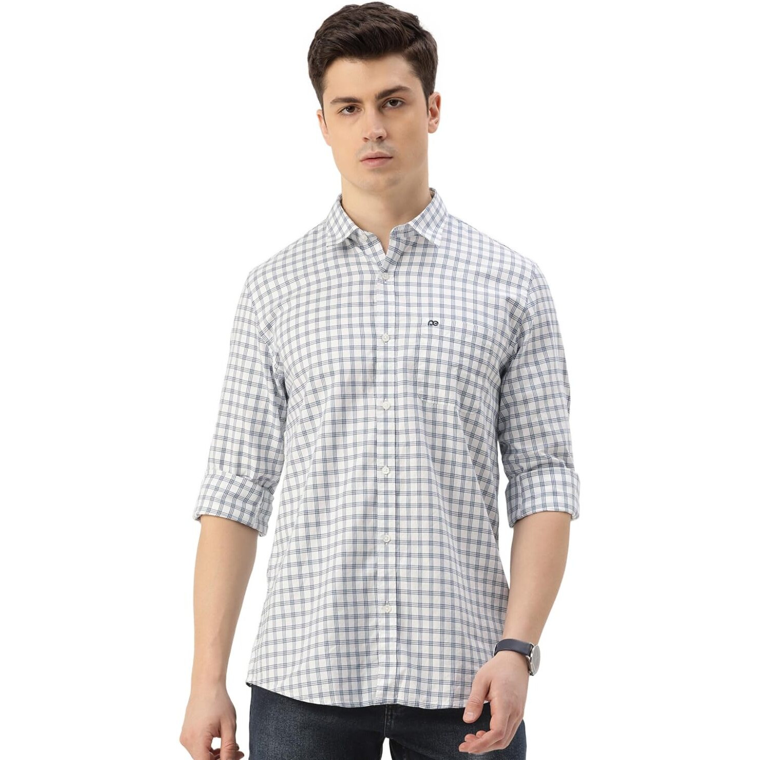 Peter England Men's Slim Fit Full Sleeve Checkered Casual Shirt | 100% Cotton | Premium Twill Weave White