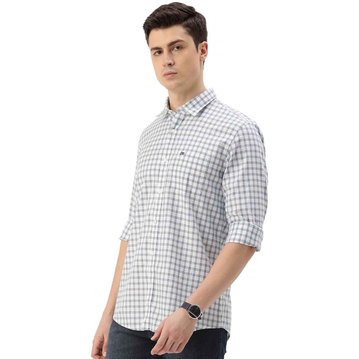 Peter England Men's Slim Fit Full Sleeve Checkered Casual Shirt | 100% Cotton | Premium Twill Weave White