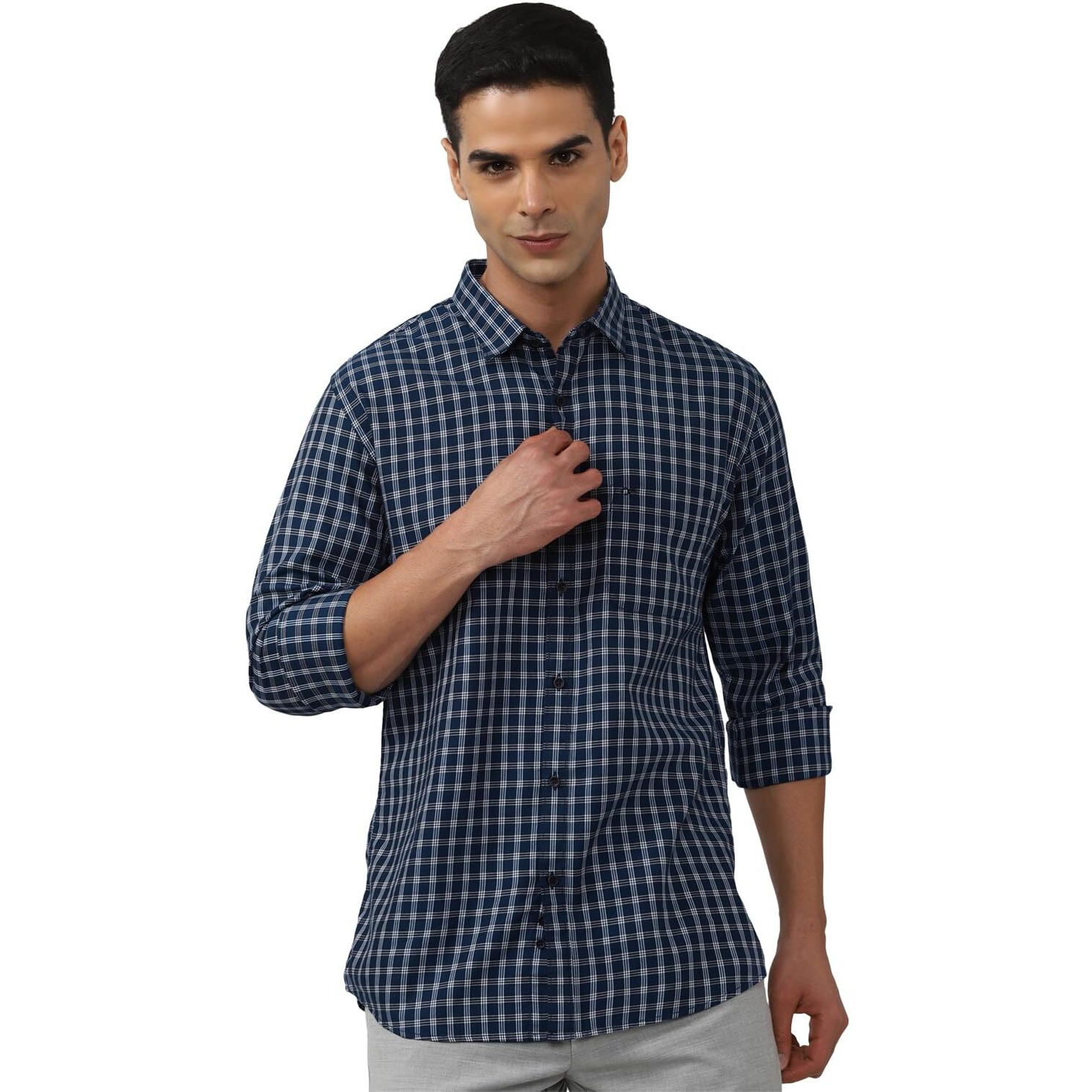Peter England Men's Slim Fit Full Sleeve Checkered Casual Shirt | 100% Cotton | Premium Twill Weave Navy