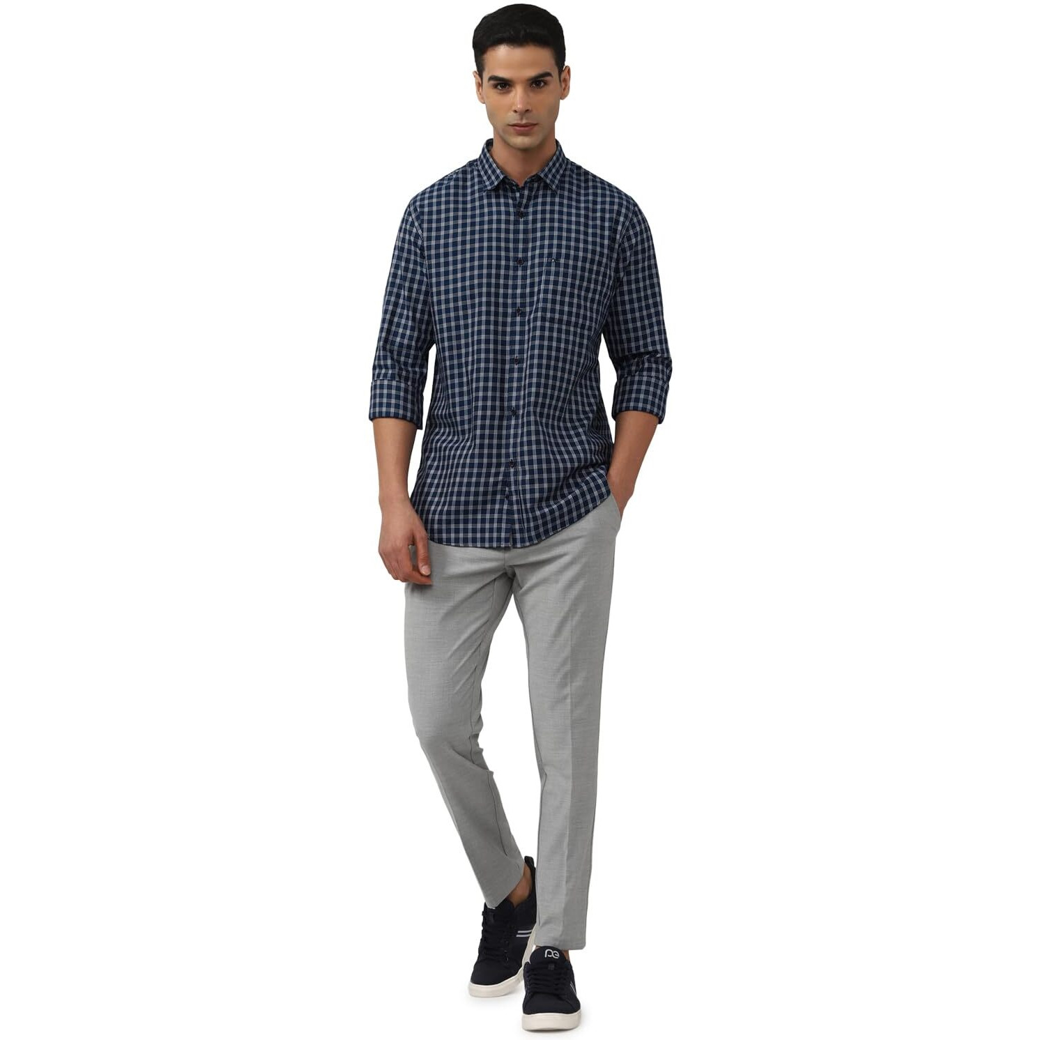 Peter England Men's Slim Fit Full Sleeve Checkered Casual Shirt | 100% Cotton | Premium Twill Weave Navy