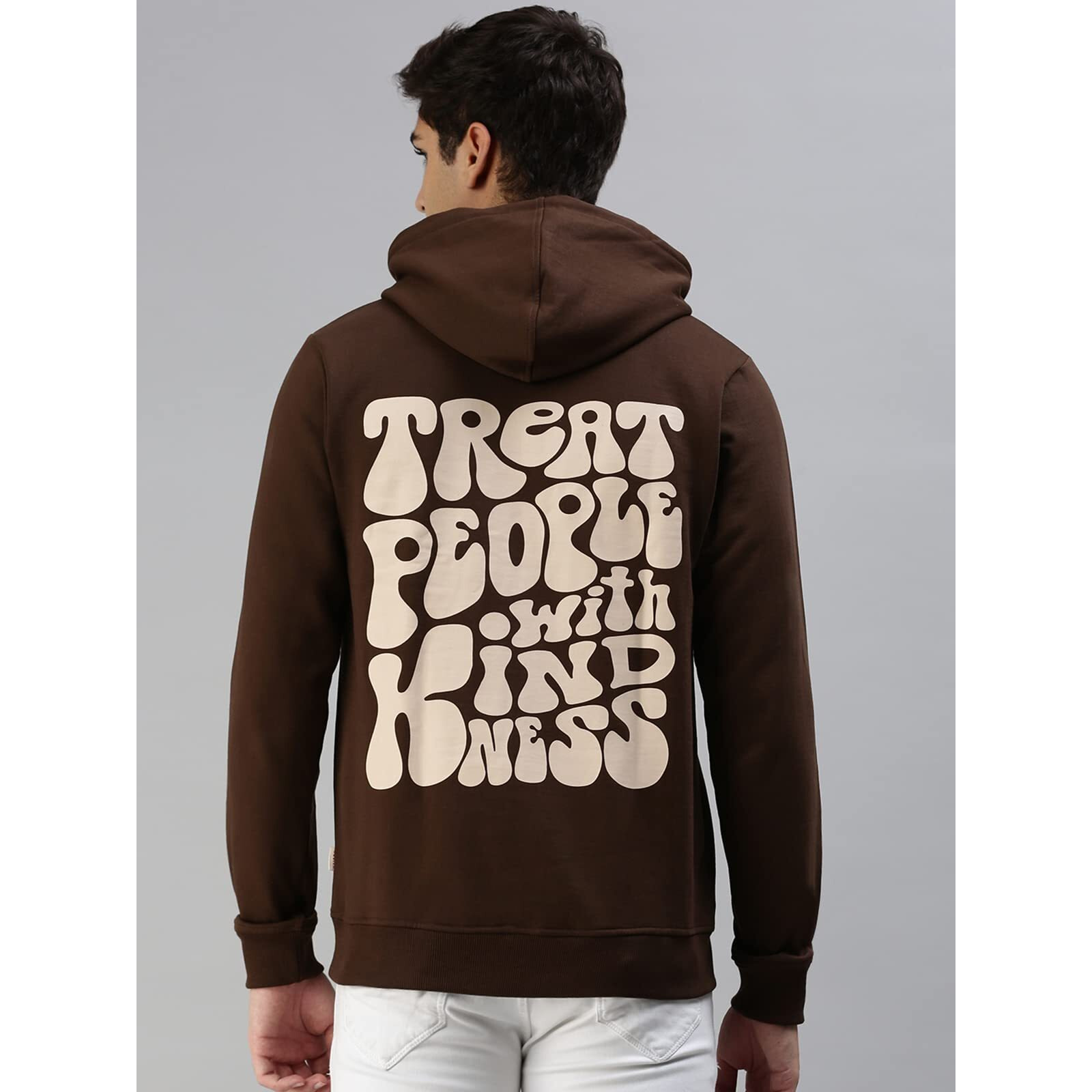 Veirdo Cotton Fleece Regular Fit Hooded Sweatshirt Full Sleeves Treat People with Kindness Back Typography Printed Jumper Brown Sweatshirt for Men/Boys (W_05_Brown_Sun_M)