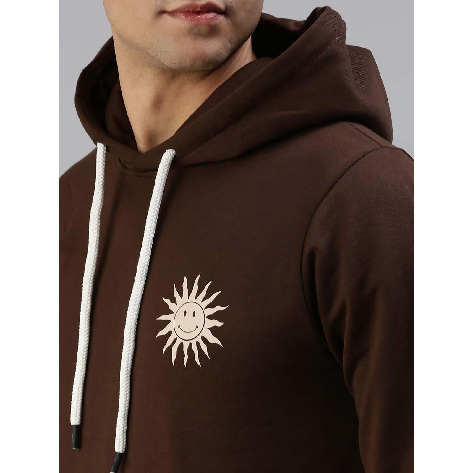 Veirdo Cotton Fleece Regular Fit Hooded Sweatshirt Full Sleeves Treat People with Kindness Back Typography Printed Jumper Brown Sweatshirt for Men/Boys (W_05_Brown_Sun_S)